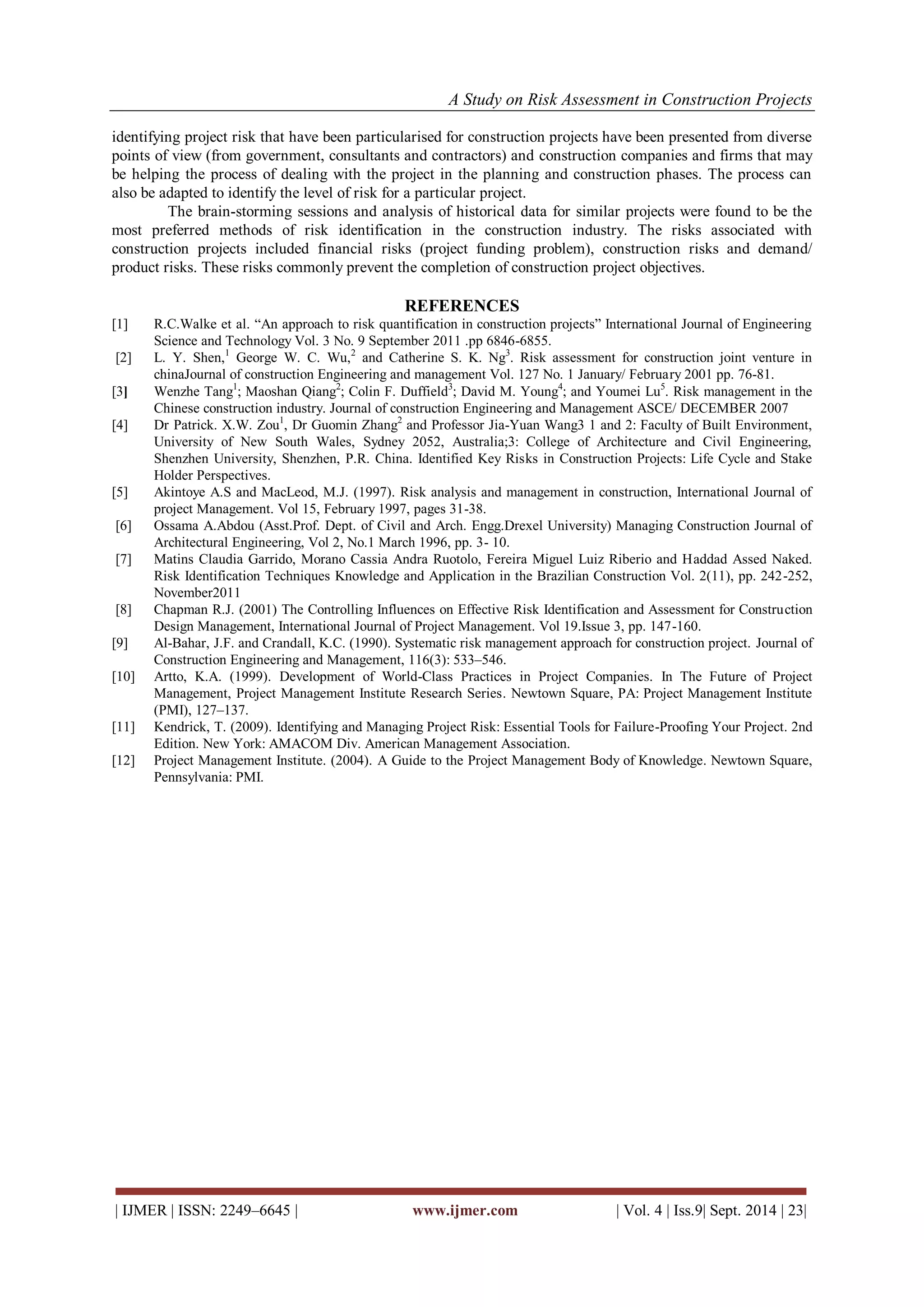 A Study on Risk Assessment in Construction Projects | PDF