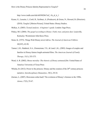 How is the Disney Princess Identity Represented in Tangled?
28
http://www.imdb.com/title/tt0398286/?ref_=fn_al_tt_1
Keane, G., Lasseter, J., Conli, R., Scribner, A. (Producers), & Greno, N., Howard, B. (Directors).
(2010). Tangled. [Motion Picture]. United States: Disney Studios.
McKee, A. (2003). Textual analysis: A beginner’s guide. London: Sage Press.
Pinksy, M.I. (2004). The gospel according to Disney: Faith, trust, and pixie dust. Louisville,
Kentucky: Westminster John Knox Press.
Stone, K. (1975). Things Walt Disney never told us. The Journal of American Folklore.
88(347), 42-50.
Tanner, L.R., Haddock, S.A., Zimmerman, T.S., & Lund, L.K., (2003). Images of couples and
families in Disney feature length animated films. The American Journal of Family
Therapy, 31(1), 355-373.
Ward, A. R. (2002). Mouse morality: The rhetoric of Disney animated film. United States of
America: University of Texas Press
Whelan, B. (2012). Power to the princess: Disney and the creation of the 20th
century princess
narrative. Interdisciplinary Humanities, 29(1), 29-34.
Zarranz, L. (2007). Diswomen strike back? The evolution of Disney’s femmes in the 1990s.
Atenea, 27(2), 55-67.
 