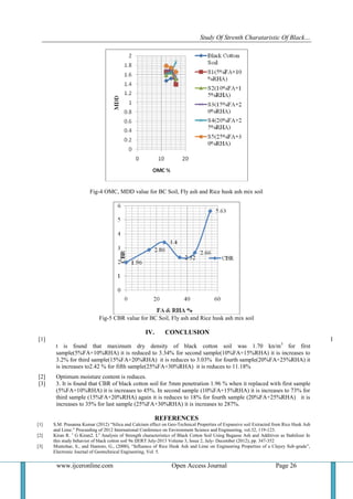 Study Of Strenth Charataristic Of Black…
www.ijceronline.com Open Access Journal Page 26
Fig-4 OMC, MDD value for BC Soil, Fly ash and Rice husk ash mix soil
Fig-5 CBR value for BC Soil, Fly ash and Rice husk ash mix soil
IV. CONCLUSION
[1] I
t is found that maximum dry density of black cotton soil was 1.70 kn/m3
for first
sample(5%FA+10%RHA) it is reduced to 3.34% for second sample(10%FA+15%RHA) it is increases to
3.2% for third sample(15%FA+20%RHA) it is reduces to 3.03% for fourth sample(20%FA+25%RHA) it
is increases to2.42 % for fifth sample(25%FA+30%RHA) it is reduces to 11.18%
[2] Optimum moisture content is reduces.
[3] 3. It is found that CBR of black cotton soil for 5mm penetration 1.96 % when it replaced with first sample
(5%FA+10%RHA) it is increases to 45%. In second sample (10%FA+15%RHA) it is increases to 73% for
third sample (15%FA+20%RHA) again it is reduces to 18% for fourth sample (20%FA+25%RHA) it is
increases to 35% for last sample (25%FA+30%RHA) it is increases to 287%.
REFERENCES
[1] S.M. Prasanna Kumar (2012) “Silica and Calcium effect on Geo-Technical Properties of Expansive soil Extracted from Rice Husk Ash
and Lime.” Proceeding of 2012 International Conference on Environment Science and Engineering, vol.32, 119-123.
[2] Kiran R. 1
G Kiran2. L2
Analysis of Strength characteristics of Black Cotton Soil Using Bagasse Ash and Additives as Stabilizer In
this study behavior of black cotton soil 9n IJERT July-2013 Volume 3, Issue 2, July- December (2012), pp. 347-352
[3] Muntohar, S., and Hantoro, G., (2000), “Influence of Rice Husk Ash and Lime on Engineering Properties of a Clayey Sub-grade”,
Electronic Journal of Geotechnical Engineering, Vol. 5.
 