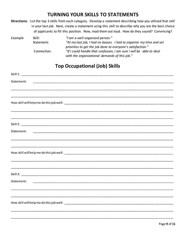Job Skills Discovery Worksheet Using Onet Skills Id Pdf
