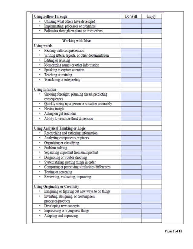 Job Skills Assessment Worksheet