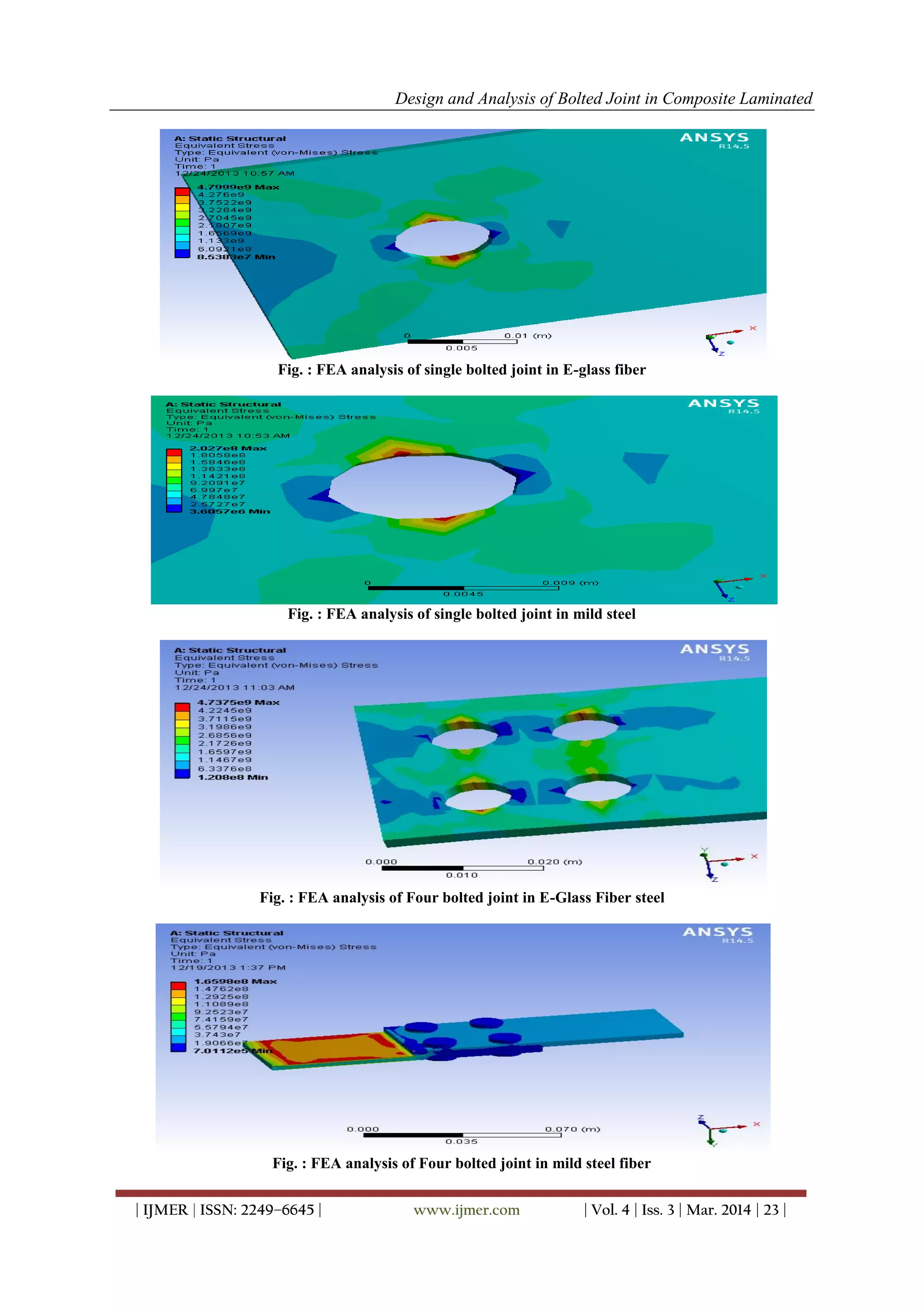Design and Analysis of Bolted Joint in Composite Laminated
| IJMER | ISSN: 2249–6645 | www.ijmer.com | Vol. 4 | Iss. 3 | Mar. 2014 | 23 |
Fig. : FEA analysis of single bolted joint in E-glass fiber
Fig. : FEA analysis of single bolted joint in mild steel
Fig. : FEA analysis of Four bolted joint in E-Glass Fiber steel
Fig. : FEA analysis of Four bolted joint in mild steel fiber
 