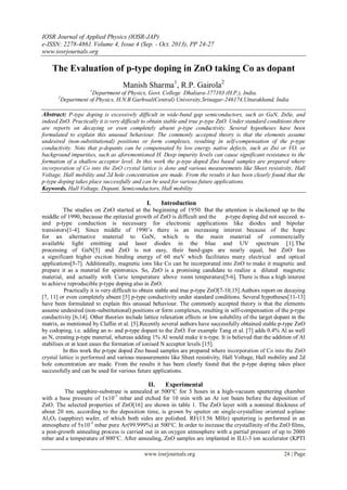 IOSR Journal of Applied Physics (IOSR-JAP)
e-ISSN: 2278-4861.Volume 4, Issue 4 (Sep. - Oct. 2013), PP 24-27
www.iosrjournals.org
www.iosrjournals.org 24 | Page
The Evaluation of p-type doping in ZnO taking Co as dopant
Manish Sharma1
, R.P. Gairola2
1
Department of Physics, Govt. College Dhaliara-177103 (H.P.), India.
2
Department of Physics, H.N.B Garhwal(Central) University,Srinagar-246174,Uttarakhand, India
Abstract: P-type doping is excessively difficult in wide-band gap semiconductors, such as GaN, ZnSe, and
indeed ZnO. Practically it is very difficult to obtain stable and true p-type ZnO. Under standard conditions there
are reports on decaying or even completely absent p-type conductivity. Several hypotheses have been
formulated to explain this unusual behaviour. The commonly accepted theory is that the elements assume
undesired (non-substitutional) positions or form complexes, resulting in self-compensation of the p-type
conductivity. Note that p-dopants can be compensated by low energy native defects, such as Zni or VO, or
background impurities, such as aforementioned H. Deep impurity levels can cause significant resistance to the
formation of a shallow acceptor level. In this work the p-type doped Zno based samples are prepared where
incorporation of Co into the ZnO crystal lattice is done and various measurements like Sheet resistivity, Hall
Voltage, Hall mobility and 2d hole concentration are made. From the results it has been clearly found that the
p-type doping takes place successfully and can be used for various future applications.
Keywords. Hall Voltage, Dopant, Semiconductors, Hall mobility
I. Introduction
The studies on ZnO started at the beginning of 1950. But the attention is slackened up to the
middle of 1990, because the epitaxial growth of ZnO is difficult and the p-type doping did not succeed. n-
and p-type conduction is necessary for electronic applications like diodes and bipolar
transistors[1-4]. Since middle of 1990’s there is an increasing interest because of the hope
for an alternative material to GaN, which is the main material of commercially
available light emitting and laser diodes in the blue and UV spectrum [1].The
processing of GaN[5] and ZnO is not easy, their band-gaps are nearly equal, but ZnO has
a significant higher exciton binding energy of 60 meV which facilitates many electrical and optical
applications[5-7]. Additionally, magnetic ions like Co can be incorporated into ZnO to make it magnetic and
prepare it as a material for spintronics. So, ZnO is a promising candidate to realize a diluted magnetic
material, and actually with Curie temperature above room temperature[5-6]. There is thus a high interest
to achieve reproducible p-type doping also in ZnO.
Practically it is very difficult to obtain stable and true p-type ZnO[7-10,15].Authors report on decaying
[7, 11] or even completely absent [5] p-type conductivity under standard conditions. Several hypotheses[11-13]
have been formulated to explain this unusual behaviour. The commonly accepted theory is that the elements
assume undesired (non-substitutional) positions or form complexes, resulting in self-compensation of the p-type
conductivity [6,14]. Other theories include lattice relaxation effects or low solubility of the target dopant in the
matrix, as mentioned by Claflin et al. [5].Recently several authors have successfully obtained stable p-type ZnO
by codoping, i.e. adding an n- and p-type dopant to the ZnO. For example Tang et al. [7] adds 0.4% Al as well
as N, creating p-type material, whereas adding 1% Al would make it n-type. It is believed that the addition of Al
stabilises or at least eases the formation of ionised N acceptor levels [15].
In this work the p-type doped Zno based samples are prepared where incorporation of Co into the ZnO
crystal lattice is performed and various measurements like Sheet resistivity, Hall Voltage, Hall mobility and 2d
hole concentration are made. From the results it has been clearly found that the p-type doping takes place
successfully and can be used for various future applications.
II. Experimental
The sapphire-substrate is annealed at 500°C for 3 hours in a high-vacuum sputtering chamber
with a base pressure of 1x10-7
mbar and etched for 10 min with an Ar ion beam before the deposition of
ZnO. The selected properties of ZnO[16] are shown in table 1. The ZnO layer with a nominal thickness of
about 20 nm, according to the deposition time, is grown by sputter on single-crystalline oriented a-plane
Al2O3 (sapphire) wafer, of which both sides are polished. RF(13.56 MHz) sputtering is performed in an
atmosphere of 5x10-3
mbar pure Ar(99.999%) at 500°C. In order to increase the crystallinity of the ZnO films,
a post-growth annealing process is carried out in an oxygen atmosphere with a partial pressure of up to 2000
mbar and a temperature of 800°C. After annealing, ZnO samples are implanted in ILU-3 ion accelerator (KPTI
 