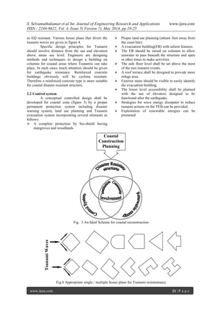 S. Selvamuthukumar et al Int. Journal of Engineering Research and Applications www.ijera.com
ISSN : 2248-9622, Vol. 4, Issue 5( Version 7), May 2014, pp.18-25
www.ijera.com 21 | P a g e
as EQ resistant. Various house plans that divert the
tsunami waves are given in figure 4.
Specific design principles for Tsunami
should involve distance from the sea and elevation
above mean sea level. Engineers are designing
methods and techniques to design a building on
columns for coastal areas where Tsunamis can take
place. In such cases much attention should be given
for earthquake resistance. Reinforced concrete
buildings obviously will be cyclone resistant.
Therefore a reinforced concrete type is more suitable
for coastal disaster resistant structure.
2.2 Control system
A conceptual controlled design shall be
developed for coastal zone (figure 5) by a proper
permanent protection system including disaster
warning system, land use planning and Tsunami
evacuation system incorporating several elements as
follows:
 A complete protection by bio-shield having
mangroves and woodlands
 Proper land use planning (atleast 1km away from
the coast line)
 A evacuation building(EB) with salient features
 The EB should be raised on columns to allow
seawater to pass beneath the structure and open
in other times to make activities.
 The safe floor level shall be set above the most
of the rare tsunami events.
 A roof terrace shall be designed to provide more
refuge area.
 Exterior stairs should be visible to easily identify
the evacuation building.
 The lower level accessibility shall be planned
with the use of elevators designed to be
functional after the earthquake.
 Strategies for wave energy dissipater to reduce
tsunami actions on the TEB can be provided.
 Exploitation of renewable energies can be
promoted
Fig. 3 An Ideal Scheme for coastal reconstruction
Fig.4 Appropriate single / multiple house plans for Tsunami resistantance
TsunamiWaves
Coastal
Construction
Planning
 