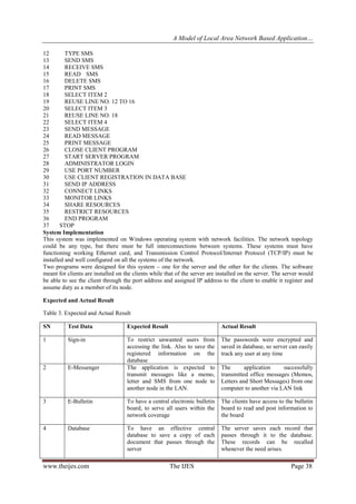 A Model of Local Area Network Based Application…
www.theijes.com The IJES Page 38
12 TYPE SMS
13 SEND SMS
14 RECEIVE SMS
15 READ SMS
16 DELETE SMS
17 PRINT SMS
18 SELECT ITEM 2
19 REUSE LINE NO. 12 TO 16
20 SELECT ITEM 3
21 REUSE LINE NO. 18
22 SELECT ITEM 4
23 SEND MESSAGE
24 READ MESSAGE
25 PRINT MESSAGE
26 CLOSE CLIENT PROGRAM
27 START SERVER PROGRAM
28 ADMINISTRATOR LOGIN
29 USE PORT NUMBER
30 USE CLIENT REGISTRATION IN DATA BASE
31 SEND IP ADDRESS
32 CONNECT LINKS
33 MONITOR LINKS
34 SHARE RESOURCES
35 RESTRICT RESOURCES
36 END PROGRAM
37 STOP
System Implementation
This system was implemented on Windows operating system with network facilities. The network topology
could be any type, but there must be full interconnections between systems. These systems must have
functioning working Ethernet card, and Transmission Control Protocol/Internet Protocol (TCP/IP) must be
installed and well configured on all the systems of the network.
Two programs were designed for this system – one for the server and the other for the clients. The software
meant for clients are installed on the clients while that of the server are installed on the server. The server would
be able to see the client through the port address and assigned IP address to the client to enable it register and
assume duty as a member of its node.
Expected and Actual Result
Table 3. Expected and Actual Result
SN Test Data Expected Result Actual Result
1 Sign-in To restrict unwanted users from
accessing the link. Also to save the
registered information on the
database
The passwords were encrypted and
saved in database, so server can easily
track any user at any time
2 E-Messenger The application is expected to
transmit messages like a memo,
letter and SMS from one node to
another node in the LAN.
The application successfully
transmitted office messages (Memos,
Letters and Short Messages) from one
computer to another via LAN link
3 E-Bulletin To have a central electronic bulletin
board, to serve all users within the
network coverage
The clients have access to the bulletin
board to read and post information to
the board
4 Database To have an effective central
database to save a copy of each
document that passes through the
server
The server saves each record that
passes through it to the database.
These records can be recalled
whenever the need arises.
 