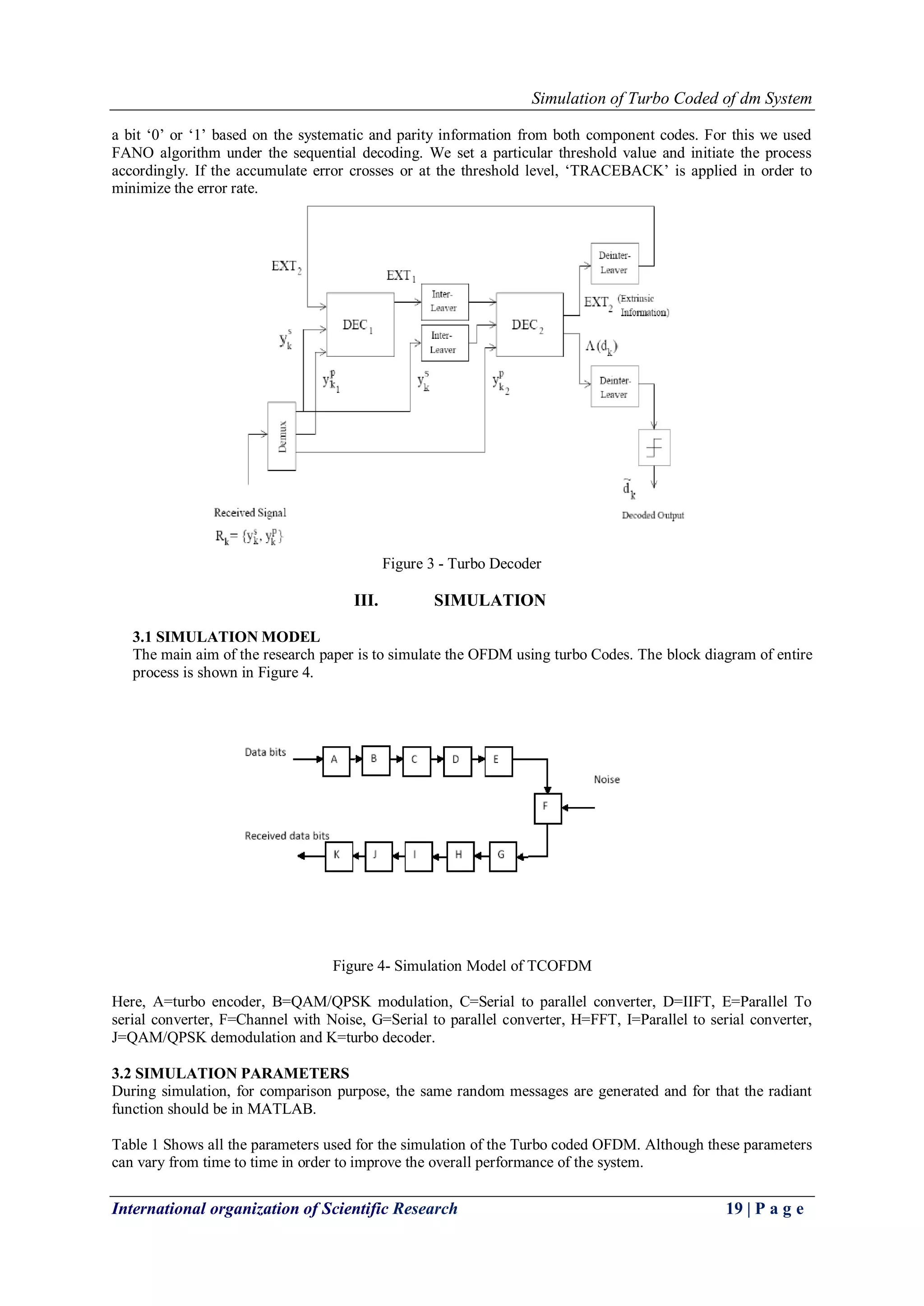 Simulation of Turbo Coded of dm System
International organization of Scientific Research 19 | P a g e
a bit „0‟ or „1‟ based on the systematic and parity information from both component codes. For this we used
FANO algorithm under the sequential decoding. We set a particular threshold value and initiate the process
accordingly. If the accumulate error crosses or at the threshold level, „TRACEBACK‟ is applied in order to
minimize the error rate.
Figure 3 - Turbo Decoder
III. SIMULATION
3.1 SIMULATION MODEL
The main aim of the research paper is to simulate the OFDM using turbo Codes. The block diagram of entire
process is shown in Figure 4.
Figure 4- Simulation Model of TCOFDM
Here, A=turbo encoder, B=QAM/QPSK modulation, C=Serial to parallel converter, D=IIFT, E=Parallel To
serial converter, F=Channel with Noise, G=Serial to parallel converter, H=FFT, I=Parallel to serial converter,
J=QAM/QPSK demodulation and K=turbo decoder.
3.2 SIMULATION PARAMETERS
During simulation, for comparison purpose, the same random messages are generated and for that the radiant
function should be in MATLAB.
Table 1 Shows all the parameters used for the simulation of the Turbo coded OFDM. Although these parameters
can vary from time to time in order to improve the overall performance of the system.
 