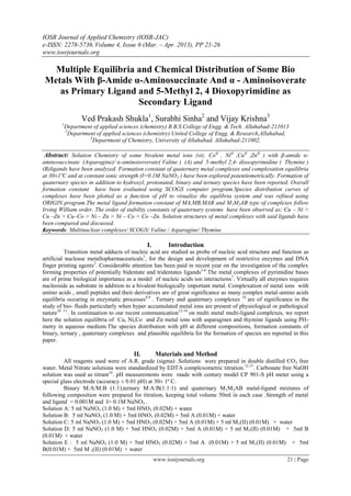 IOSR Journal of Applied Chemistry (IOSR-JAC)
e-ISSN: 2278-5736.Volume 4, Issue 6 (Mar. – Apr. 2013), PP 21-26
www.iosrjournals.org
www.iosrjournals.org 21 | Page
Multiple Equilibria and Chemical Distribution of Some Bio
Metals With β-Amide α-Aminosuccinate And α - Aminoisoverate
as Primary Ligand and 5-Methyl 2, 4 Dioxopyrimidine as
Secondary Ligand
Ved Prakash Shukla1
, Surabhi Sinha2
and Vijay Krishna3
1
Department of applied sciences (chemistry) B.B.S.College of Engg. & Tech. Allahabad-211013
2
Department of applied sciences (chemistry) United College of Engg. & Research,Allahabad,
3
Department of Chemistry, University of Allahabad, Allahabad-211002,
Abstract: Solution Chemistry of some bivalent metal ions (viz. CoII
, NiII
,CuII
,ZnII
) with β-amide α-
aminosuccinate (Asparagine)/ α-aminoisoverate( Valine ) (A) and 5-methyl 2,4- dioxopyrimidine ( Thymine )
(B)ligands have been analyzed. Formation constant of quaternary metal complexes and complexation equilibria
at 30±1ºC and at constant ionic strength (I=0.1M NaNO3 ) have been explored potentiometrically. Formation of
quaternary species in addition to hydroxyl, protonated, binary and ternary species have been reported. Overall
formation constant have been evaluated using SCOGS computer program.Species distribution curves of
complexes have been plotted as a function of pH to visualize the equlibria system and was refined using
ORIGIN program.The metal ligand formation constant of MA,MB,MAB and M1M2AB type of complexes follow
Irving William order. The order of stability constants of quaternary systems have been observed as: Cu – Ni >
Cu –Zn > Cu–Co > Ni – Zn > Ni – Co > Co –Zn. Solution structures of metal complexes with said ligands have
been compared and discussed.
Keywords: Multinuclear complexes/ SCOGS/ Valine / Asparagine/ Thymine
I. Introduction
Transition metal adducts of nucleic acid are studied as probe of nucleic acid structure and function as
artificial nuclease metallopharmaceuticals1
, for the design and development of restrictive enzymes and DNA
finger printing agents2
. Considerable attention has been paid in recent year on the investigation of the complex
forming properties of potentially bidentate and tridentates ligands3-6
.The metal complexes of pyrimidine bases
are of prime biological importance as a model of nucleic acids ion interactions7
. Virtually all enzymes requires
nucleoside as substrate in addition to a bivalent biologically important metal. Complexation of metal ions with
amino acids , small peptides and their derivatives are of great significance as many complex metal-amino acids
equilibria occuring in enzymatic processes8,9
. Ternary and quaternary complexes 10
are of significance in the
study of bio- fluids particularly when hyper accumulated metal ions are present of physiological or pathological
nature10 -11
. In continuation to our recent communication12-16
on multi metal multi-ligand complexes, we report
here the solution equilibria of Cu, Ni,Co and Zn metal ions with asparagines and thymine ligands using PH-
metry in aqueous medium.The species distribution with pH at different compositions, formation constants of
binary, ternary , quaternary complexes and plausible equilibria for the formation of species are reported in this
paper.
II. Materials and Method
All reagents used were of A.R. grade (sigma) .Solutions were prepared in double distilled CO2 free
water. Metal Nitrate solutions were standardized by EDTA complexometric titration.12,13
. Carbonate free NaOH
solution was used as titrant14
. pH measurements were made with century model CP 901-S pH meter using a
special glass electrode (accuracy ± 0.01 pH) at 30± 1º C.
Binary M:A/M:B (1:1),ternary M:A:B(1:1:1) and quaternary M1M2AB metal-ligand mixtures of
following composition were prepared for titration, keeping total volume 50ml in each case .Strength of metal
and ligand = 0.001M and I= 0.1M NaNO3 .
Solution A: 5 ml NaNO3 (1.0 M) + 5ml HNO3 (0.02M) + water
Solution B: 5 ml NaNO3 (1.0 M) + 5ml HNO3 (0.02M) + 5ml A (0.01M) + water
Solution C: 5 ml NaNO3 (1.0 M) + 5ml HNO3 (0.02M) + 5ml A (0.01M) + 5 ml M1(II) (0.01M) + water
Solution D: 5 ml NaNO3 (1.0 M) + 5ml HNO3 (0.02M) + 5ml A (0.01M) + 5 ml M1(II) (0.01M) + 5ml B
(0.01M) + water
Solution E : 5 ml NaNO3 (1.0 M) + 5ml HNO3 (0.02M) + 5ml A (0.01M) + 5 ml M1(II) (0.01M) + 5ml
B(0.01M) + 5ml M 2(II) (0.01M) + water
 