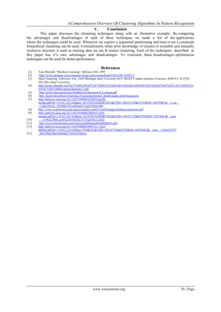 AComprehensive Overview Of Clustering Algorithms In Pattern Recognition
www.iosrjournals.org 30 | Page
V. Conclusion
This paper discusses the clustering techniques along with an illustrative example. By comparing
the advantages and disadvantages of each of these techniques we made a list of the applications
where the techniques could be used. Whenever we require a sequential partitioning and time is not a constraint
hierarchical clustering can be used. Contradictorily when prior knowledge of clusters is available and mutually
exclusive structure is used as training data we use K-means clustering. Each of the techniques described in
this paper has it’s own advantages and disadvantages. To overcome these disadvantages optimization
techniques can be used for better performance.
References
[1] Tom Mitchell: "Machine Learning", McGraw Hill, 1997.
[2] http://www.springer.com/computer/image+processing/book/978-0-387-31073-2
[3] Data Clustering: A Review A.K. JAIN Michigan State University M.N. MURTY Indian Institute of Science AND P.J. FLYNN
The Ohio State University
[4] http://books.ithunder.org/NLP/%E6%90%9C%E7%B4%A2%E8%B5%84%E6%96%99/%E6%96%87%E6%9C%AC%E8%81%
9A%E7%B1%BB/k-means/kmeans11.pdf
[5] http://gecco.org.chemie.uni-frankfurt.de/hkmeans/H-k-means.pdf
[6] http://home.dei.polimi.it/matteucc/Clustering/tutorial_html/kmeans.html#macqueen
[7] http://delivery.acm.org/10.1145/2350000/2345414/p106
mishra.pdf?ip=119.82.126.162&acc=ACTIVE%20SERVICE&CFID=109187129&CFTOKEN=83079467& a cm
=1346224103_195980e7451e402acb712a927456104d
[8] http://www.cs.princeton.edu/courses/archive/spr07/cos424/papers/bishop-regression.pdf
[9] http://delivery.acm.org/10.1145/2010000/2003657/p34-
spiegel.pdf?ip=119.82.126.162&acc=ACTIVE%20SERVICE&CFID=109187129&CFTOKEN=83079467& acm
[10] =1346223866_ec4f1d23636d3f275175a2f7bc11c432
[11] http://www.frontiersinai.com/ecai/ecai2004/ecai04/pdf/p0435.pdf
[12] http://delivery.acm.org/10.1145/950000/944973/3-1265-
dhillon.pdf?ip=119.82.126.162&acc=PUBLIC&CFID=109187129&CFTOKEN=83079467& acm =1346223975
[13] _b9279bd748e1660bad277d28c67683cc
 