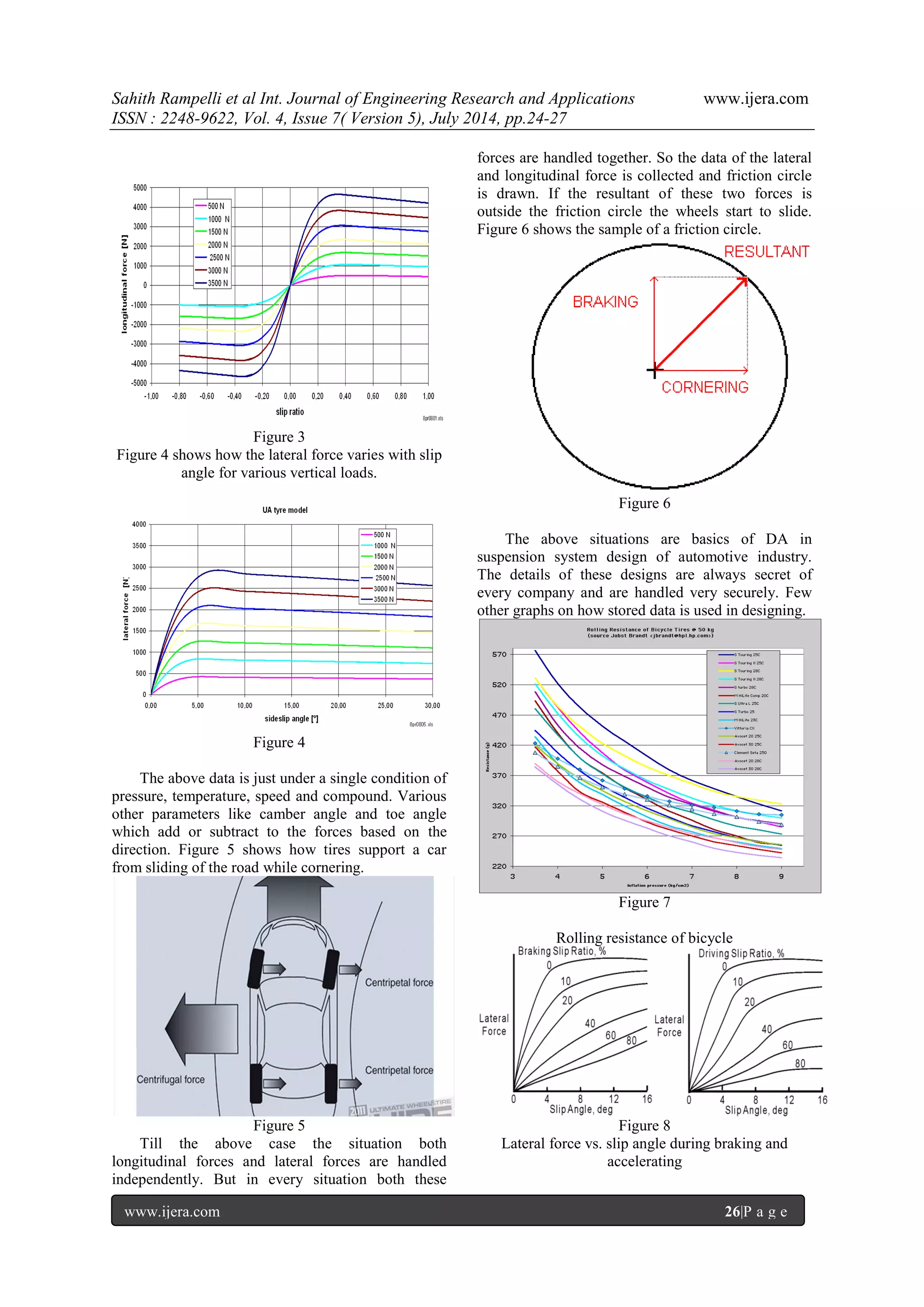 Sahith Rampelli et al Int. Journal of Engineering Research and Applications www.ijera.com 
ISSN : 2248-9622, Vol. 4, Issue 7( Version 5), July 2014, pp.24-27 
www.ijera.com 26|P a g e 
Figure 3 Figure 4 shows how the lateral force varies with slip angle for various vertical loads. 
Figure 4 The above data is just under a single condition of pressure, temperature, speed and compound. Various other parameters like camber angle and toe angle which add or subtract to the forces based on the direction. Figure 5 shows how tires support a car from sliding of the road while cornering. 
Figure 5 
Till the above case the situation both longitudinal forces and lateral forces are handled independently. But in every situation both these forces are handled together. So the data of the lateral and longitudinal force is collected and friction circle is drawn. If the resultant of these two forces is outside the friction circle the wheels start to slide. Figure 6 shows the sample of a friction circle. 
Figure 6 The above situations are basics of DA in suspension system design of automotive industry. The details of these designs are always secret of every company and are handled very securely. Few other graphs on how stored data is used in designing. 
Figure 7 Rolling resistance of bicycle 
Figure 8 Lateral force vs. slip angle during braking and accelerating  