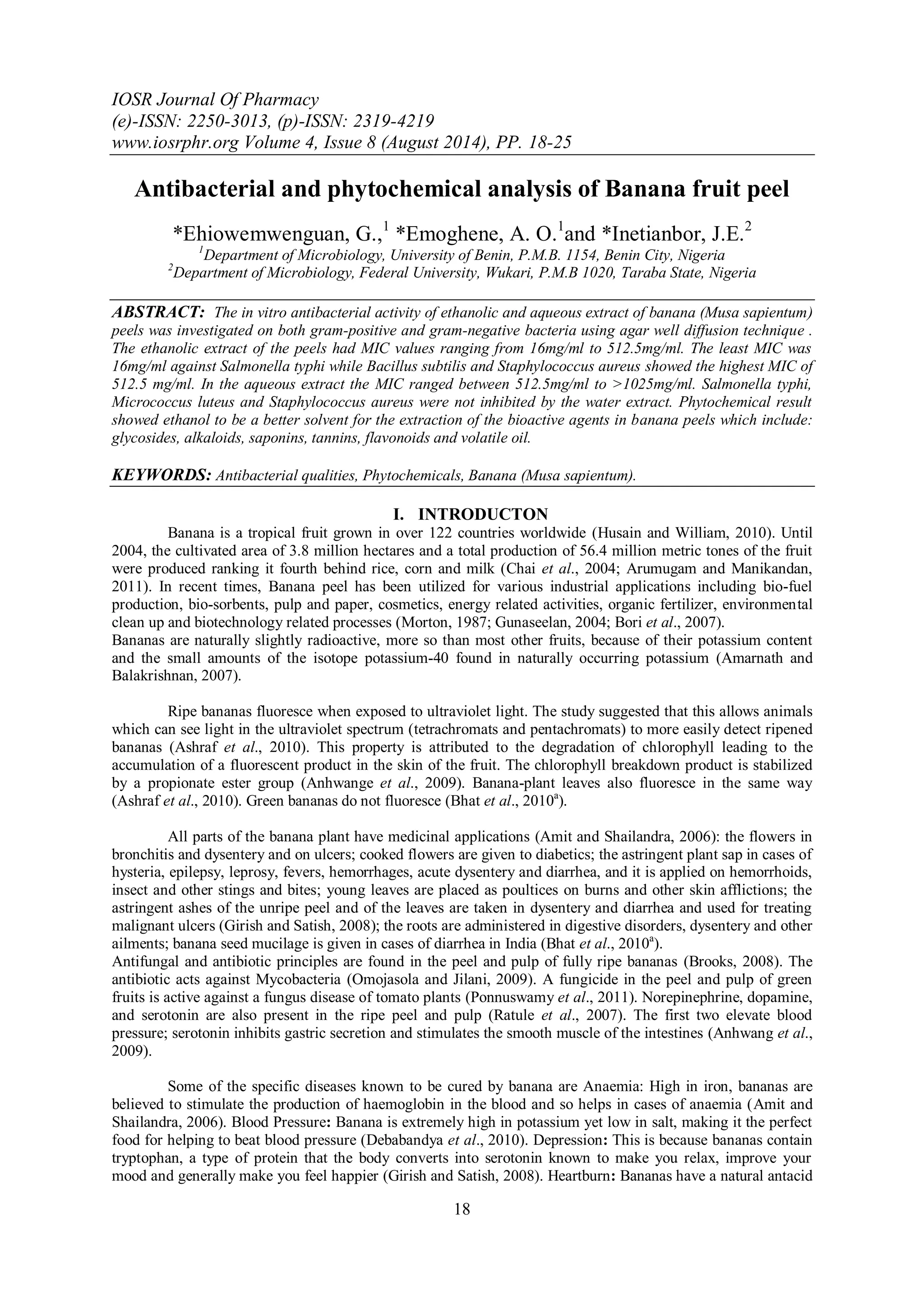 Antibacterial and phytochemical analysis of Banana fruit peel | PDF