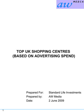 1
TOP UK SHOPPING CENTRES
(BASED ON ADVERTISING SPEND)
Prepared For: Standard Life Investments
Prepared by: AW Media
Date: 2 June 2009
 