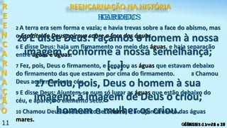 2 A terra era sem forma e vazia; e havia trevas sobre a face do abismo, mas
o Espírito de Deus pairava sobre a face das águas.
6 E disse Deus: haja um firmamento no meio das águas, e haja separação
entre águas e águas.
7 Fez, pois, Deus o firmamento, e separou as águas que estavam debaixo
do firmamento das que estavam por cima do firmamento. 8 Chamou
Deus ao firmamento céu.
9 E disse Deus: Ajuntem-se num só lugar as águas que estão debaixo do
céu, e apareça o elemento seco.
10 Chamou Deus ao elemento seco terra, e ao ajuntamento das águas
mares.
11 GÊNESIS c 1 vv 2 a 10
26 E disse Deus: Façamos o homem à nossa
imagem, conforme a nossa semelhança;
[...] .
27 Criou, pois, Deus o homem à sua
imagem; à imagem de Deus o criou;
homem e mulher os criou.
GÊNESIS c 1 vv 26 e 27
R
E
E
N
C
A
R
N
A
Ç
Ã
O
HEBREUSKARDEC
REENCARNAÇÃO NA HISTÓRIA
 