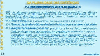 32
PARENTESCO e FILIAÇÃO
32
R
E
E
N
C
A
R
N
A
Ç
Ã
O
DA PLURALIDADE DAS EXISTÊNCIAS
O Livro dos Espíritos
203. Transmitem os pais aos filhos uma parcela de suas almas, ou se
limitam a lhes dar a vida animal?
“Dão-lhes apenas a vida animal, pois que a alma é indivisível.”
204. Uma vez que temos tido muitas existências, a nossa parentela vai além
da que na existência atual nos criou?
“Não pode ser de outra maneira. A sucessão das existências corporais
estabelece entre os Espíritos ligações que remontam às vossas
existências anteriores. Daí, muitas vezes, a simpatia que vem a existir
entre vós e certos Espíritos que vos parecem estranhos.”
205. A algumas pessoas a doutrina da reencarnação se afigura
destruidora dos laços de família, com o fazê-los anteriores à
existência atual.
“Ela os distende; não os destrói. Fundando-se o parentesco em
afeições anteriores, menos precários são os laços existentes
entre os membros de uma mesma família.
Essa doutrina amplia os deveres da fraternidade, porquanto, no
vosso vizinho, ou no vosso servo, pode achar-se um Espírito a
qu em tenhais estado presos pelos laços da consanguinidade.”
PARECENÇAS FÍSICAS E MORAIS
 