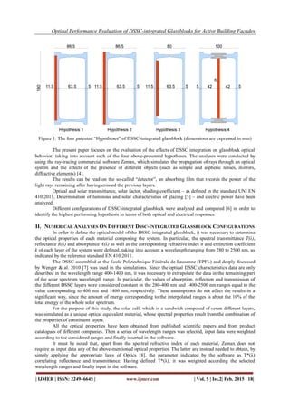 Optical Performance Evaluation of DSSC-integrated Glassblocks for Active Building Façades
| IJMER | ISSN: 2249–6645 | www.ijmer.com | Vol. 5 | Iss.2| Feb. 2015 | 18|
Figure 1. The four patented “Hypotheses” of DSSC-integrated glassblock (dimensions are expressed in mm)
The present paper focuses on the evaluation of the effects of DSSC integration on glassblock optical
behavior, taking into account each of the four above-presented hypotheses. The analyses were conducted by
using the ray-tracing commercial software Zemax, which simulates the propagation of rays through an optical
system and the effects of the presence of different objects (such as simple and aspheric lenses, mirrors,
diffractive elements) [4].
The results can be read on the so-called “detector”, an absorbing film that records the power of the
light rays remaining after having crossed the previous layers.
Optical and solar transmittance, solar factor, shading coefficient – as defined in the standard UNI EN
410:2011, Determination of luminous and solar characteristics of glazing [5] – and electric power have been
analyzed.
Different configurations of DSSC-integrated glassblock were analyzed and compared [6] in order to
identify the highest performing hypothesis in terms of both optical and electrical responses.
II. NUMERICAL ANALYSES ON DIFFERENT DSSC-INTEGRATED GLASSBLOCK CONFIGURATIONS
In order to define the optical model of the DSSC-integrated glassblock, it was necessary to determine
the optical properties of each material composing the system. In particular, the spectral transmittance T(λ),
reflectance R(λ) and absorptance A(λ) as well as the corresponding refractive index n and extinction coefficient
k of each layer of the system were defined, taking into account a wavelength ranging from 280 to 2500 nm, as
indicated by the reference standard EN 410:2011.
The DSSC assembled at the Ecole Polytechnique Fédérale de Lausanne (EPFL) and deeply discussed
by Wenger & al. 2010 [7] was used in the simulations. Since the optical DSSC characteristics data are only
described in the wavelength range 400-1400 nm, it was necessary to extrapolate the data in the remaining part
of the solar spectrum wavelength range. In particular, the values of absorption, reflection and transmission of
the different DSSC layers were considered constant in the 280-400 nm and 1400-2500 nm ranges equal to the
value corresponding to 400 nm and 1400 nm, respectively. These assumptions do not affect the results in a
significant way, since the amount of energy corresponding to the interpolated ranges is about the 10% of the
total energy of the whole solar spectrum.
For the purpose of this study, the solar cell, which is a sandwich composed of seven different layers,
was simulated as a unique optical equivalent material, whose spectral properties result from the combination of
the properties of constituent layers.
All the optical properties have been obtained from published scientific papers and from product
catalogues of different companies. Then a series of wavelength ranges was selected, input data were weighted
according to the considered ranges and finally inserted in the software.
It must be noted that, apart from the spectral refractive index of each material, Zemax does not
require as input data any of the above-mentioned optical properties. The latter are instead needed to obtain, by
simply applying the appropriate laws of Optics [8], the parameter indicated by the software as T*(λ)
correlating reflectance and transmittance. Having defined T*(λ), it was weighted according the selected
wavelength ranges and finally input in the software.
 