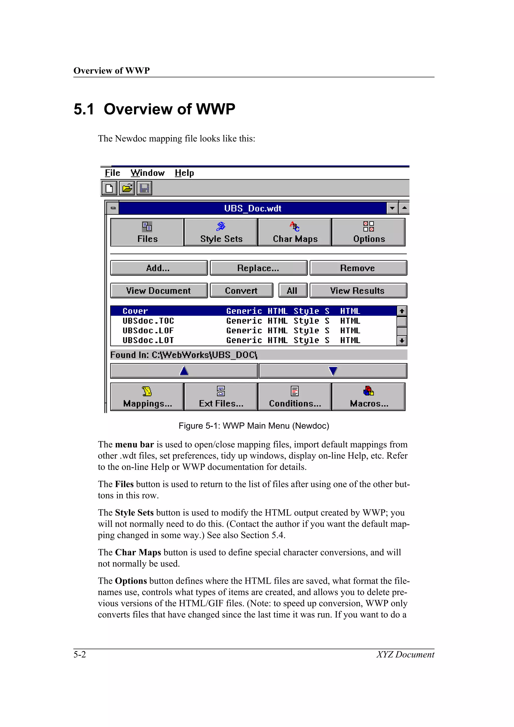 Overview of WWP
5-2 XYZ Document
5.1 Overview of WWP
The Newdoc mapping file looks like this:
Figure 5-1: WWP Main Menu (Newdoc)
The menu bar is used to open/close mapping files, import default mappings from
other .wdt files, set preferences, tidy up windows, display on-line Help, etc. Refer
to the on-line Help or WWP documentation for details.
The Files button is used to return to the list of files after using one of the other but-
tons in this row.
The Style Sets button is used to modify the HTML output created by WWP; you
will not normally need to do this. (Contact the author if you want the default map-
ping changed in some way.) See also Section 5.4.
The Char Maps button is used to define special character conversions, and will
not normally be used.
The Options button defines where the HTML files are saved, what format the file-
names use, controls what types of items are created, and allows you to delete pre-
vious versions of the HTML/GIF files. (Note: to speed up conversion, WWP only
converts files that have changed since the last time it was run. If you want to do a
 