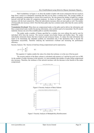 Key Establishment using Selective Repeat Automatic Repeat…
www.ijceronline.com Open Access Journal Page 24
Path Availabilities: In Figure 3, we show the number of paths with secure connections that are exactly h
hops from a source to a destination (assuming that they do not share a common key). The average number of
paths is presented, corresponding to various local connectivity. We also present the number of paths for a similar
network with half the nodes for comparison purposes. As shown in Figure 3, the number of available paths
increases with the local connectivity. When the node density increases, there are more paths as well. The number
of h-hop paths also increases with h. Note that these paths may have common nodes other than the source and the
destination.
Transmission Overhead: When there are compromised nodes on the paths used to deliver the information and
these compromised nodes modify the passing information, extra symbols need to be transmitted. The SP scheme
randomly chooses one out of the available paths to send the information.
The sender sends a number of frames specified by a window size even without the need to wait for
individual ACK from the receiver. The receiver accepts out-of-order frames and buffers them. The sender
individually retransmits frames that have timed out and erroneous frames. To reduce the total information that
needs to be transmitted, the redundant symbols are transmitted only if the destination fails to decode the
information successfully. Therefore reducing the transmission overhead and increasing the performance
efficiency.
Security Analysis: The fraction of total keys being compromised can be expressed as,
x
s
m
p








 11 4.1
The equation 4.1 implies smaller the value of m, better the resilience. |s| is the size of the key pool.
The security analysis of the Basic scheme is calculated with memory as 3 and the key pool size as 900.
As the number of nodes increases in the network, it is more probable that number of nodes being compromised
also increases. Therefore, the resilience of the network increases with the decrease in the fraction of the nodes
compromised.
Figure 4: Security Analysis of Basic Scheme
Figure 5: Security Analysis of Multipath Key Reinforcement
 