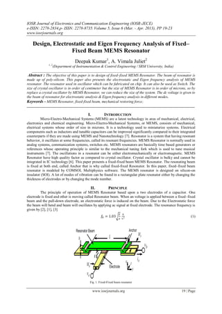 IOSR Journal of Electronics and Communication Engineering (IOSR-JECE)
e-ISSN: 2278-2834,p- ISSN: 2278-8735.Volume 5, Issue 6 (Mar. - Apr. 2013), PP 19-23
www.iosrjournals.org
www.iosrjournals.org 19 | Page
Design, Electrostatic and Eigen Frequency Analysis of Fixed–
Fixed Beam MEMS Resonator
Deepak Kumar1
, A. Vimala Juliet2
1, 2
(Department of Instrumentation & Control Engineering / SRM University, India)
_____________________________________________________________________________________
Abstract : The objective of this paper is to design of fixed–fixed MEMS Resonator. The beam of resonator is
made up of poly-silicon. This paper also presents the electrostatic and Eigen frequency analysis of MEMS
resonator. The resonator used in oscillator which can be fabricated on chip. It can also be used as Switch. The
size of crystal oscillator is in order of centimeter but the size of MEMS Resonator is in order of microns, so by
replace a crystal oscillator by MEMS Resonator, we can reduce the size of the system. The dc voltage is given to
the beam of resonator for electrostatic analysis & Eigen frequency analysis in different modes.
Keywords - MEMS Resonator, fixed-fixed beam, mechanical restoring force;
____________________________________________________________________________________________________
I. INTRODUCTION
Micro-Electro-Mechanical Systems (MEMS) are a latest technology in area of mechanical, electrical,
electronics and chemical engineering. Micro-Electro-Mechanical Systems, or MEMS, consists of mechanical,
electrical systems whose order of size in microns. It is a technology used to miniaturize systems. Electrical
components such as inductors and tunable capacitors can be improved significantly compared to their integrated
counterparts if they are made using MEMS and Nanotechnology [7]. Resonator is a system that having resonant
behavior, it oscillates at some frequencies, called its resonant frequencies. MEMS Resonator is normally used in
analog systems, communication systems, switches etc. MEMS resonators are basically time based generators or
references whose operating principle is similar to the mechanical tuning fork which is used to tune musical
instruments [7]. The oscillations in a resonator can be either electromechanically or electromagnetic. MEMS
Resonator have high quality factor as compared to crystal oscillator. Crystal oscillator is bulky and cannot be
integrated in IC technology [6]. This paper presents a fixed-fixed beam MEMS Resonator. The resonating beam
is fixed at both end, called Anchor that is why called fixed-fixed Resonator. In this paper, fixed–fixed beam
resonator is modeled by COMSOL Multiphysics software. The MEMS resonator is designed on silicon-on
insulator (SOI). A lot of modes of vibration can be found in a rectangular plate resonator either by changing the
thickness of electrodes or by changing the mode number.
II. PRINCIPLE
The principle of operation of MEMS Resonator based upon a two electrodes of a capacitor. One
electrode is fixed and other is moving called Resonator beam. When an voltage is applied between a fixed–fixed
beam and the pull-down electrode, an electrostatic force is induced on the beam. Due to the Electrostatic force
the beam will bend and beam will oscillates by applying ac signal at fixed electrode. The resonance frequency is
given by [2], [1], [3]
𝑓0 = 1.03
𝐸
𝜌
𝑕
L2 (1)
Fig. 1. Fixed-Fixed beam resonator
 