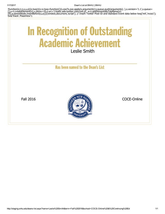 Dean's List at SNHU _ SNHU PDF