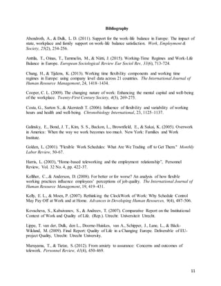11
Bibliography
Abendroth, A., & Dulk, L. D. (2011). Support for the work-life balance in Europe: The impact of
state, workplace and family support on work-life balance satisfaction. Work, Employment &
Society, 25(2), 234-256.
Anttila, T., Oinas, T., Tammelin, M., & Nätti, J. (2015). Working-Time Regimes and Work-Life
Balance in Europe. European Sociological Review Eur Sociol Rev, 31(6), 713-724.
Chung, H., & Tijdens, K. (2013). Working time flexibility components and working time
regimes in Europe: using company level data across 21 countries. The International Journal of
Human Resource Management, 24, 1418–1434.
Cooper, C. L. (2009). The changing nature of work: Enhancing the mental capital and well-being
of the workplace. Twenty-First Century Society, 4(3), 269-275.
Costa, G., Sarton S., & Akerstedt T. (2006). Influence of flexibility and variability of working
hours and health and well-being. Chronobiology International, 23, 1125–1137.
Galinsky, E., Bond, J. T., Kim, S. S., Backon, L., Brownfield, E., & Sakai, K. (2005). Overwork
in America: When the way we work becomes too much. New York: Families and Work
Institute. 
Golden, L. (2001). "Flexible Work Schedules: What Are We Trading off to Get Them." Monthly
Labor Review, 50-67.
Harris, L. (2003), “Home-based teleworking and the employment relationship”, Personnel
Review, Vol. 32 No. 4, pp. 422-37.
Kelliher, C., & Anderson, D. (2008). For better or for worse? An analysis of how flexible
working practices influence employees’ perceptions of job quality. The International Journal of
Human Resource Management, 19, 419–431.
Kelly, E. L., & Moen, P. (2007). Rethinking the ClockWork of Work: Why Schedule Control
May Pay Off at Work and at Home. Advances in Developing Human Resources, 9(4), 487-506.
Kovacheva, S., Kabaivanov, S., & Andreev, T. (2007). Comparative Report on the Institutional
Context of Work and Quality of Life. (Rep.). Utrecht: Universiteit Utrecht.
Lippe, T. van der, Dulk, den L., Doorne-Huiskes, van A., Schipper, J., Lane, L., & Bäck-
Wiklund, M. (2009). Final Report: Quality of Life in a Changing Europe. Deliverable of EU-
project Quality, Utrecht: Utrecht University.
Maruyama, T., & Tietze, S. (2012). From anxiety to assurance: Concerns and outcomes of
telework. Personnel Review, 41(4), 450-469.
 