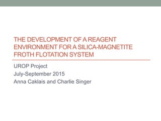 THE DEVELOPMENT OFA REAGENT
ENVIRONMENT FOR A SILICA-MAGNETITE
FROTH FLOTATION SYSTEM
UROP Project
July-September 2015
Anna Caklais and Charlie Singer
 