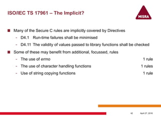 ISO/IEC TS 17961 – The Implicit?
Many of the Secure C rules are implicitly covered by Directives
- D4.1 Run-time failures shall be minimised
- D4.11 The validity of values passed to library functions shall be checked
Some of these may benefit from additional, focussed, rules
- The use of errno 1 rule
- The use of character handling functions 1 rules
- Use of string copying functions 1 rule
April 27, 201642
 