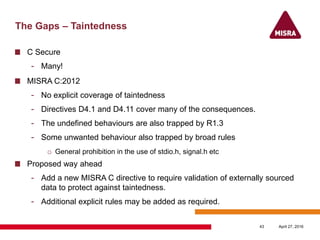 The Gaps – Taintedness
C Secure
- Many!
MISRA C:2012
- No explicit coverage of taintedness
- Directives D4.1 and D4.11 cover many of the consequences.
- The undefined behaviours are also trapped by R1.3
- Some unwanted behaviour also trapped by broad rules
o General prohibition in the use of stdio.h, signal.h etc
Proposed way ahead
- Add a new MISRA C directive to require validation of externally sourced
data to protect against taintedness.
- Additional explicit rules may be added as required.
April 27, 201643
 