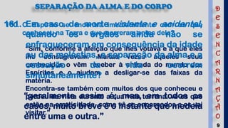 9
SEPARAÇÃO DA ALMA E DO CORPO
160. O Espírito se encontra imediatamente com os que
conheceu na Terra e que morreram antes dele?
“Sim, conforme a afeição que lhes votava e a que eles
lhe consagravam. Muitas vezes aqueles seus
conhecidos o vêm receber à entrada do mundo dos
Espíritos e o ajudam a desligar-se das faixas da
matéria.
Encontra-se também com muitos dos que conheceu e
perdeu de vista durante a sua vida terrena. vê os que
estão na erraticidade, como vê os encarnados e os vai
visitar.”
161. Em caso de morte violenta e acidental,
quando os órgãos ainda não se
enfraqueceram em consequência da idade
ou das moléstias, a separação da alma e a
cessação da vida ocorrem
simultaneamente?
“geralmente assim é; mas, em todos os
casos, muito breve é o instante que medeia
entre uma e outra.”
D
E
S
E
N
C
A
R
N
A
Ç
Ã
O
 