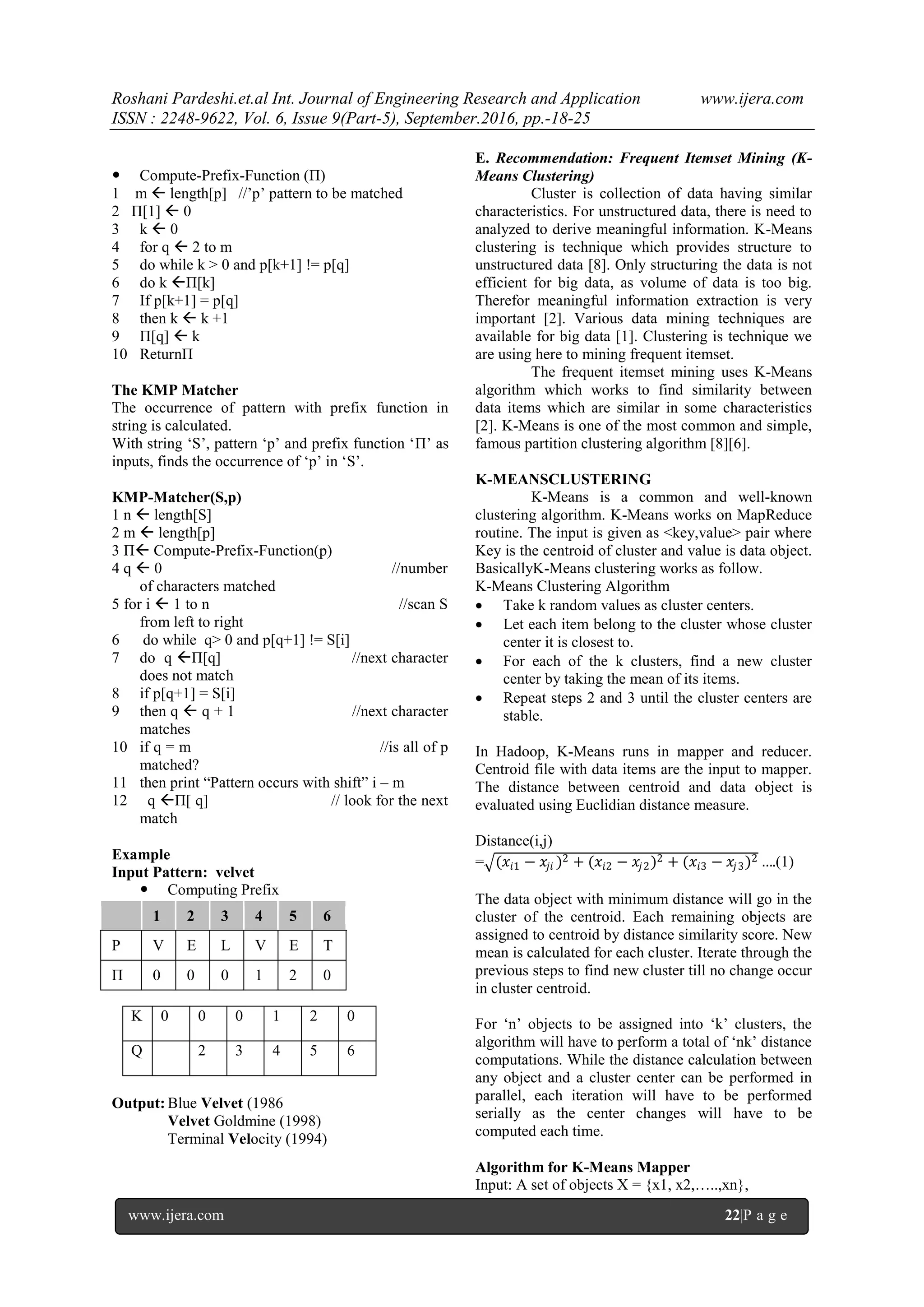 Roshani Pardeshi.et.al Int. Journal of Engineering Research and Application www.ijera.com
ISSN : 2248-9622, Vol. 6, Issue 9(Part-5), September.2016, pp.-18-25
www.ijera.com 22|P a g e
 Compute-Prefix-Function (Π)
1 m  length[p] //‟p‟ pattern to be matched
2 Π[1]  0
3 k  0
4 for q  2 to m
5 do while k > 0 and p[k+1] != p[q]
6 do k Π[k]
7 If p[k+1] = p[q]
8 then k  k +1
9 Π[q]  k
10 ReturnΠ
The KMP Matcher
The occurrence of pattern with prefix function in
string is calculated.
With string „S‟, pattern „p‟ and prefix function „Π‟ as
inputs, finds the occurrence of „p‟ in „S‟.
KMP-Matcher(S,p)
1 n  length[S]
2 m  length[p]
3 Π Compute-Prefix-Function(p)
4 q  0 //number
of characters matched
5 for i  1 to n //scan S
from left to right
6 do while q> 0 and p[q+1] != S[i]
7 do q Π[q] //next character
does not match
8 if p[q+1] = S[i]
9 then q  q + 1 //next character
matches
10 if q = m //is all of p
matched?
11 then print “Pattern occurs with shift” i – m
12 q Π[ q] // look for the next
match
Example
Input Pattern: velvet
 Computing Prefix
K 0 0 0 1 2 0
Q 2 3 4 5 6
Output: Blue Velvet (1986
Velvet Goldmine (1998)
Terminal Velocity (1994)
E. Recommendation: Frequent Itemset Mining (K-
Means Clustering)
Cluster is collection of data having similar
characteristics. For unstructured data, there is need to
analyzed to derive meaningful information. K-Means
clustering is technique which provides structure to
unstructured data [8]. Only structuring the data is not
efficient for big data, as volume of data is too big.
Therefor meaningful information extraction is very
important [2]. Various data mining techniques are
available for big data [1]. Clustering is technique we
are using here to mining frequent itemset.
The frequent itemset mining uses K-Means
algorithm which works to find similarity between
data items which are similar in some characteristics
[2]. K-Means is one of the most common and simple,
famous partition clustering algorithm [8][6].
K-MEANSCLUSTERING
K-Means is a common and well-known
clustering algorithm. K-Means works on MapReduce
routine. The input is given as <key,value> pair where
Key is the centroid of cluster and value is data object.
BasicallyK-Means clustering works as follow.
K-Means Clustering Algorithm
 Take k random values as cluster centers.
 Let each item belong to the cluster whose cluster
center it is closest to.
 For each of the k clusters, find a new cluster
center by taking the mean of its items.
 Repeat steps 2 and 3 until the cluster centers are
stable.
In Hadoop, K-Means runs in mapper and reducer.
Centroid file with data items are the input to mapper.
The distance between centroid and data object is
evaluated using Euclidian distance measure.
Distance(i,j)
= (𝑥𝑖1 − 𝑥𝑗𝑖 )2 + (𝑥𝑖2 − 𝑥𝑗2)2 + (𝑥𝑖3 − 𝑥𝑗3)2 ….(1)
The data object with minimum distance will go in the
cluster of the centroid. Each remaining objects are
assigned to centroid by distance similarity score. New
mean is calculated for each cluster. Iterate through the
previous steps to find new cluster till no change occur
in cluster centroid.
For „n‟ objects to be assigned into „k‟ clusters, the
algorithm will have to perform a total of „nk‟ distance
computations. While the distance calculation between
any object and a cluster center can be performed in
parallel, each iteration will have to be performed
serially as the center changes will have to be
computed each time.
Algorithm for K-Means Mapper
Input: A set of objects X = {x1, x2,…..,xn},
1 2 3 4 5 6
P V E L V E T
Π 0 0 0 1 2 0
 
