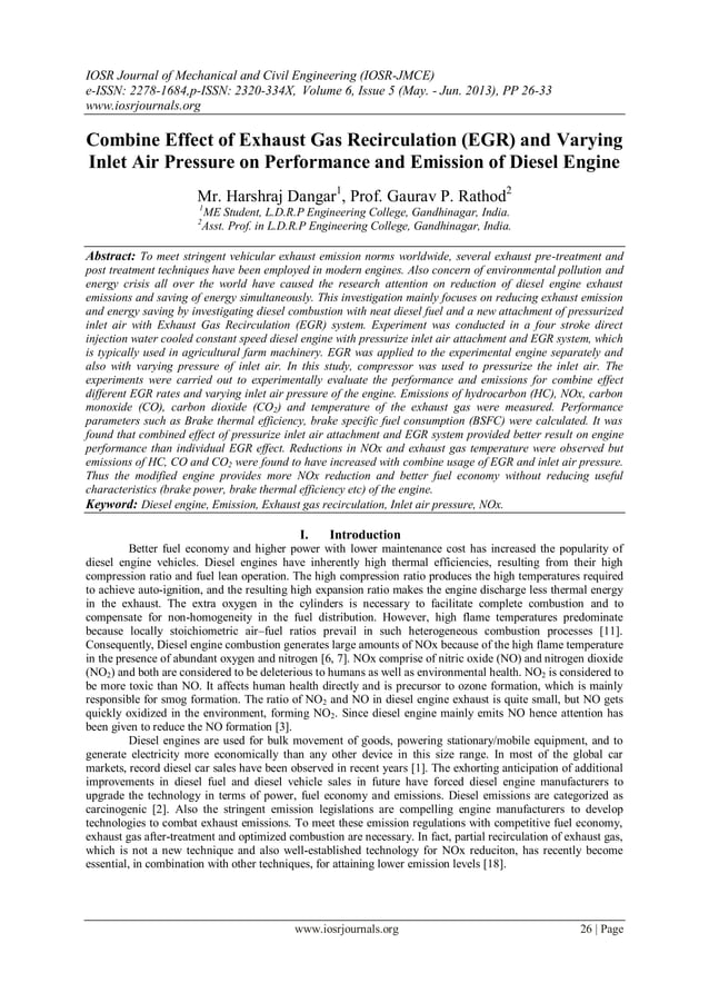 Combine Effect of Exhaust Gas Recirculation (EGR) and Varying Inlet Air