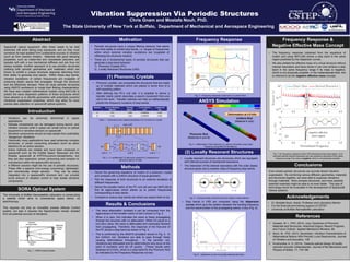 Vibration Suppression Via Periodic Structures
Chris Gnam and Mostafa Nouh, PhD.
The State University of New York at Buffalo, Department of Mechanical and Aerospace Engineering
Abstract
Spacecraft optical equipment often times needs to be held
extremely still while taking long exposures, and so they must
somehow be kept isolated from undesirable sources of vibration
(such as from reaction wheels). Materials with good damping
properties, such as rubber-like and viscoelastic polymers, are
typically soft with a low mechanical stiffness and are thus not
always suitable. Another approach is to use periodic structures
(utilizing both periodic geometries and materials) which are
known to exhibit a unique structural response stemming from
their ability to generate stop bands. Within these stop bands,
vibration excitations of certain frequencies are incapable of
producing elastic waves that propagate through the structure
and are effectively damped. Here we study periodic structures
using ANSYS workbench to model their filtering characteristics.
We have also created mathematical models using MATLAB to
predict the wave dispersion patterns of these structures which
have allowed us to identify geometries with potentially powerful
vibrational suppression properties, which may allow for more
precise data collection on spacecraft optical systems.
Introduction
SORA Optical System
Motivation
Methods
Frequency Response Frequency Response &
Negative Effective Mass Concept
Conclusions
Acknowledgements
References
(1) Phononic Crystals
• Vibrations can be extremely detrimental in space
applications.
• Delicate components can be damaged during launch, and
vibration sources while in space can wreak havoc on optical
equipment or sensitive sensors on spacecraft.
• Sensitive components should be kept isolate from potentially
“dangerous” vibrations.
• Historically many applications have used extremely complex
structures, or power consuming actuators (such as piezo
electrics) for an active solution.
• Active methods are reliable and have been employed in
spacecraft such as the Hubble Space Telescope and the
Rosetta spacecraft at 67P/Churyumov-Gerasimenko, but
they are also expensive, power consuming and complex to
manufacture within the spacecraft’s structure.
• A different solution might be the use of periodic structures.
These offer a passive (non-energy consuming), lightweight,
and mechanically simple solution. They can be easily
integrated into a spacecraft's structure and can provide
some amount of vibration control to help isolate sensitive
components.
Even simple periodic structures can provide decent vibration
suppression. By combining various different geometries, materials
and structures together, we were able to suppress vibrations
through materials. More complex structures, and more carefully
selected materials might be able to do even better. This type of
technology would be invaluable in the development of Spacecraft
Optical systems.
The University at Buffalo Nanosatellite Laboratory is constructing
a satellite which aims to characterize space debris via
spectroscopy.
This requires not only an incredibly precise Attitude Control
system, but also it requires the Spectrometer remain isolated
from all potential sources of vibrations.
• Periodic structures have a unique filtering behavior that stems
from their ability to exhibit stop bands, i.e. ranges of frequencies
within which external vibration excitations are incapable of
infiltrating the structural medium.
• There are 2 fundamental types of periodic structures that can
generate a stop band behavior:
1) Phononic Crystals (PC)
2) Locally Resonant Structures (LRS)
• Derive the governing equations of motion of a phononic crystal
and compare with a uniform structure of equal geometry.
• Plot the response of both structures to an external excitation at
different frequencies.
• Derive the transfer matrix of the PC unit cell and use MATLAB to
find its eigenvalues which allows us to predict frequencies
corresponding to stop bands.
• Compare to ensure stop bands are where we expect them to be.
• Dr. Mostafa Nouh, Assist. Professor and Laboratory Mentor
• For the financial and training support of CSTEP
• University at Buffalo Nanosatellite Laboratory
Fig. 1 – SORA Optical System
Table 1 – Dimensions and material properties of a 1D phononic crystal
Fig. 2 – A cantilevered 1D phononic crystal of a 2-material unit
cell and a total of 10 cells
Fig. 3 – Frequency response of phononic vs uniform Rod
• Phononic crystals, are composite-like structures that are made
up of multiple materials which are placed in some kind of a
self-repeating pattern.
• After defining the PC’s unit cell, it is possible to derive a
transfer matrix (which describes a wave’s movement from one
cell to the next). Transfer matrices can help us mathematically
predict the frequency locations of stop bands.
Results & Conclusions
• The wave attenuation constant α can be computed from the
eigenvalues of the transfer matrix of cell k shown in Fig. 2.
• When α is zero, this indicates the wave is freely propagating
through the structure with no attenuation. When it’s equal to a
non-zero value, the wave is attenuated and eventually blocked
from propagating. Therefore, the response of the free-end of
the PC shows a stop band as shown in Fig. 3.
• This is confirmed by the ANSYS simulation shown in Fig. 4. In
the Uniform rod, vibrations are able to pass through freely
causing deformations throughout. In the periodic rod,
vibrations are attenuated and so deformations only occur at the
point of excitation and die off quickly. (These results were
obtained at 4.5 kHz, which is a stop band for the Phononic Rod
as indicated by the Frequency Response curves)
Material Young’s Modulus
(GN/m2)
Density
(kg/m3)
Cross Section
(m2)
Length/cell
(m)
A 210 7,800 0.000625 0.025
B 0.025 1,200 0.000625 0.025
AL
A B
unit cell
cell k − 1 cell k + 1cell k
,A Ru
,A RF ,B LF
,B Lu
,A LF
,A Lu ,B Ru
,B RF
BL
(2) Locally Resonant Structures
• Locally resonant structures are structures which are equipped
with internal sources of mechanical resonance.
• The interaction of the internal resonators with the outer (base)
structure gives rise to another class of frequency stop bands.
• Stop bands in LRS are computed using the dispersion
curves which give the relation between the exciting frequency
and the wavenumber of the propagating waves, if any (Fig. 6).
Fig. 5 – A simple locally resonant structure (mass-in-mass system)
Fig. 6 – Dispersion curves of a locally resonant structure.
Fig. 7 (a) Frequency response of the LRS showing the stop band region. (b) A
structure without internal resonators can only achieve a stop band in the same
frequency range if its mass is negative, which is not physically possible.
• The frequency response (obtained from the equations of
motion and using MATLAB) shows a stop band in the same
region predicted by the dispersion curves.
• We also plotted the effective mass of a virtual structure without
internal resonators and have shown it can only achieve a stop
band in the same frequency range if its mass is negative,
which is not physically possible. In the metamaterials field, this
is referred to as the negative effective mass concept.
Phononic Rod
(Materials A and B)
ANSYS Simulation
Uniform Rod
(Material A only)
Deformation at 4.5 kHz
Fig. 4 – Deformation of the phononic vs. uniform rod inside a stop band
frequency using ANSYS WorkBench
1. Hussein, M. I., PhD. (2014, July). Dynamics of Phononic
Materials and Structures: Historical Origins, Recent Progress,
and Future Outlook. Applied Mechanics Reviews, 66.
2. Nouh, M., PhD. (2014, December). Vibration Characteristics of
Metamaterial Beams With Periodic Local Resonances. Journal
of Vibration and Acoustics, 136.
3. Krushynska, A. O. (2014). Towards optimal design of locally
resonant acoustic metamaterials. Journal of the Mechanics and
Physics of Solids, 71, 179-196.