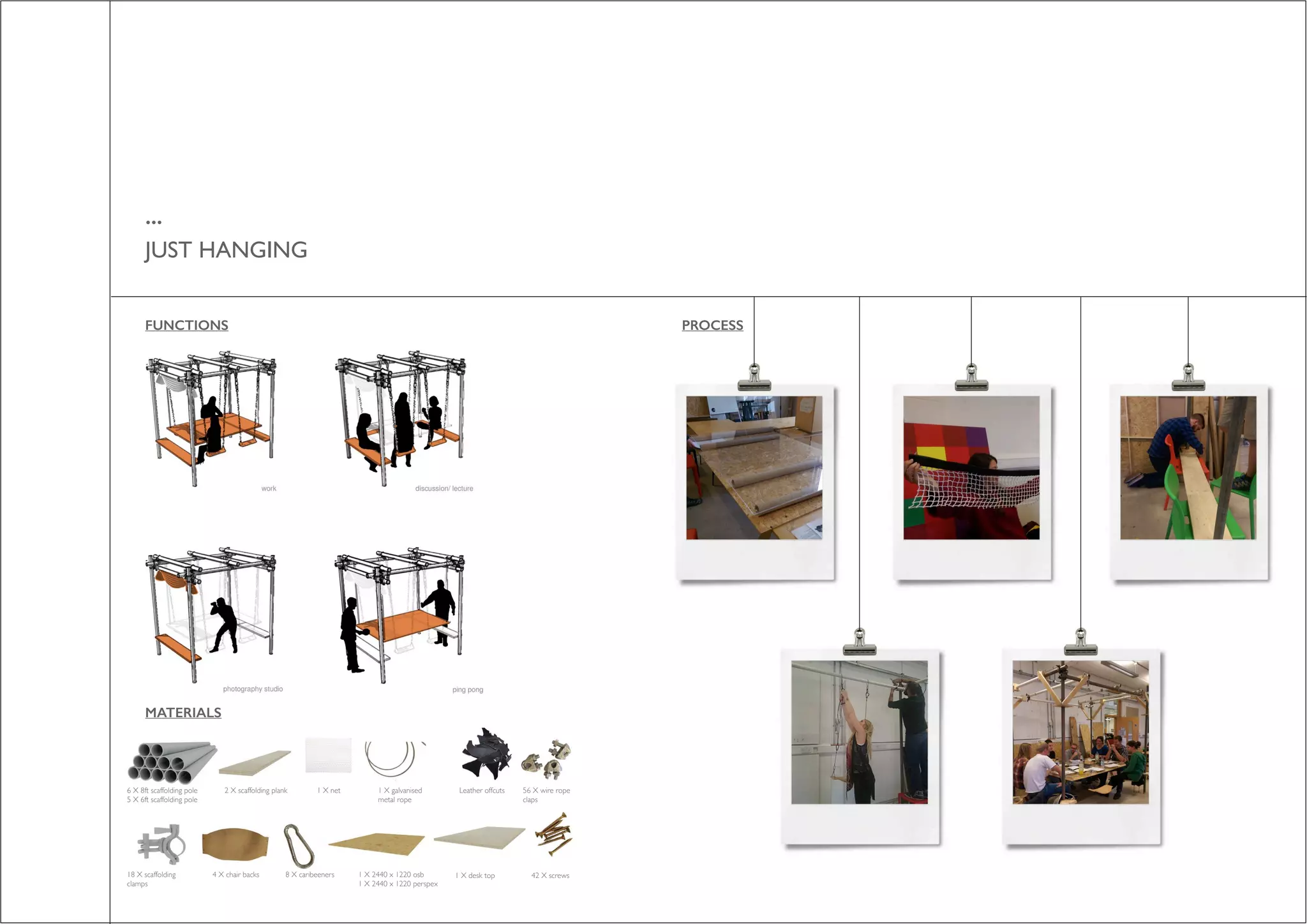 ...
JUST HANGING
6 X 8ft scaffolding pole
5 X 6ft scaffolding pole
18 X scaffolding
clamps
2 X scaffolding plank
4 X chair backs
Leather offcuts 56 X wire rope
claps
1 X desk top 42 X screws8 X caribeeners 1 X 2440 x 1220 osb
1 X 2440 x 1220 perspex
1 X net 1 X galvanised
metal rope
FUNCTIONS
MATERIALS
PROCESS
 