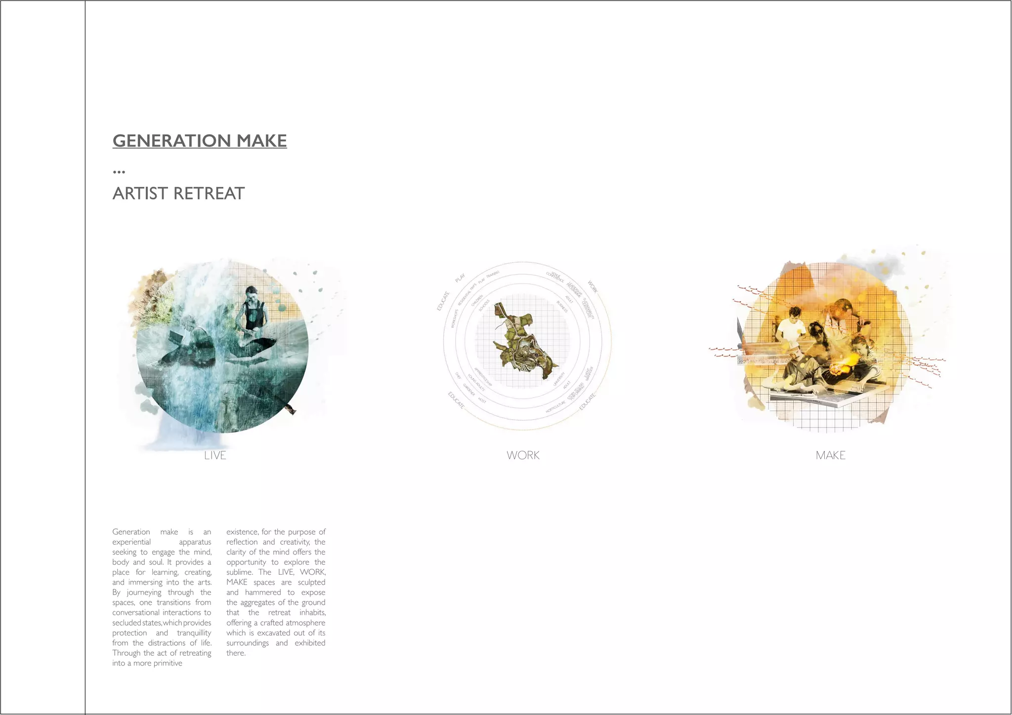 LIVE WORK MAKELIVE WORK MAKELIVE WORK MAKE
Generation make is an
experiential apparatus
seeking to engage the mind,
body and soul. It provides a
place for learning, creating,
and immersing into the arts.
By journeying through the
spaces, one transitions from
conversational interactions to
secludedstates,whichprovides
protection and tranquillity
from the distractions of life.
Through the act of retreating
into a more primitive
existence, for the purpose of
reflection and creativity, the
clarity of the mind offers the
opportunity to explore the
sublime. The LIVE, WORK,
MAKE spaces are sculpted
and hammered to expose
the aggregates of the ground
that the retreat inhabits,
offering a crafted atmosphere
which is excavated out of its
surroundings and exhibited
there.
GENERATION MAKE
...
ARTIST RETREAT
 