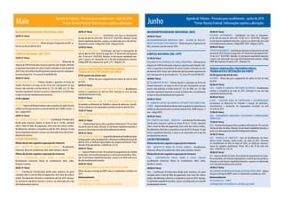 Agenda de Tributos - Previsão para recolhimento - maio de 2014
*Fonte: Receita Federal / Informações sujeitas a alteraçõesMaio Junho
MICROEMPREENDEDOR INDIVIDUAL (MEI)
20/05 (3ª feira)
MICROEMPREENDEDORINDIVIDUAL(MEI)-SISTEMADERECOLHIMENTO
EMVALORESFIXOSMENSAIS.-ÚltimodiaparaoPagamentodoDAS,re-
ferenteaomêsdeabrilde2014.
SIMPLES NACIONAL (ME / EPP)
15/05 (5ª feira)
PAgAMENTO DA DIFERENçA DE CARgA TRIbUTáRIA - Diferencial de
alíquotadeICMSdevidopelasempresasoptantespeloSimplesreferente
asaquisiçõesdeprodutosdeoutrosEstadosrealizadasnomêsdeabrilde
2014.Prazo:atéoúltimodiaútildaprimeiraquinzenadomêssubsequen-
teaodaentrada(Art.115,incisoXV-AdoRICMS/SP).
20/05 (3ª feira)
RECOLHIMENTO DO DAS - Tributos devidos e apurados na forma do
Simples Nacional a ser pago no dia 20 do mês subsequente em que
houver sido auferida a receita bruta (LC 123, de 2006, art. 21). Não
havendo expediente bancário no prazo estabelecido o recolhimento
se dará no dia útil imediatamente posterior.
31/05 (sábado)
IR - gANHO DE CAPITAL DAS EMPRESAS OPTANTES PELO SIMPLES NA-
CIONAL-ImpostodeRendaincidentesobreosganhosdecapital(lucros)
obtidosnaalienaçãodeativosnomêsdeabrilde2014.(DARFcomum-2
vias-código0507).
20/05 (3ª feira)
INSS (SIMPLES NACIONAL - ANEXO IV) - Contribuição Previdenciária
devida pelas empresas sujeitas ao Anexo IV da LC 123/06, calculada
sobre o total da folha de pagamento, bem como dos valores retidos.
Recolhimento referente à competência abril de 2014. Atenção: Se não
houverexpedientebancário,oprazoaserobservadoseráodiaútilime-
diatamenteanterior.
LUCRO PRESUMIDO
Último dia do mês seguinte à apuração do trimestre
IRPJ - IMPOSTO DE RENDA DA PESSOA JURíDICA - Recolhimento
trimestral.Mesesderecolhimento:Abril,Julho,OutubroeJaneiro.
Último dia do mês seguinte à apuração do trimestre
CSLL - CONTRIbUIçãO SOCIAL SObRE O LUCRO LíqUIDO
Recolhimento trimestral. Meses de recolhimento: Abril, Julho,
Outubro e Janeiro.
20/05 (3ª feira)
INSS - Contribuição Previdenciária devida pelas empresas em geral
calculada sobre o total da folha de pagamento, bem como dos valores
retidos. Recolhimento referente à competência abril de 2014. Atenção:
Se não houver expediente bancário, o prazo a ser observado será o dia
útilimediatamenteanterior.
20/05 (3ª feira)
PIS/PASEP FATURAMENTO - Contribuição com base no faturamento
do mês de abril de 2014 (Art. 10 da Lei nº 10.637/02). Atenção: Se não
houver expediente bancário, o prazo a ser observado será o dia útil ime-
diatamenteanterior.CódigoDarf:8109-Alíquota:0,65%
23/05 (6ª feira)
COFINS FATURAMENTO - Contribuição com base no faturamento do
mês de abril de 2014. Deverá ser paga até o 25º dia do mês subsequente
(Art. 10 da Lei nº 10.637/02). Atenção: Se não houver expediente ban-
cário, o prazo a ser observado será o dia útil imediatamente anterior.
CódigoDARFdasempresasem geral:2172-Alíquota:3%.
DEMAIS OBRIGAÇÕES PREVIDÊNCIÁRIAS,
TRABALHISTA E RETENÇÕES NA FONTE
07/05 (quinto dia útil do mês)
SALáRIOS - Último dia para o pagamento do salário do mês de abril
de 2014.
07/05 (4ª feira)
FgTS - FUNDO DE gARANTIA POR TEMPO DE SERVIçO - Recolhimento
relativo à competência de abril de 2014. Antecipa-se caso não haja
expedientebancárionodia.
07/05 (4ª feira)
CAgED - CADASTRO gERAL DE EMPREgADOS E DESEMPREgADOS
Encaminhar ao Ministério do Trabalho a relação de admissões, transfe-
rênciasedemissõesdeempregadosocorridasnomêsdeabrilde2014.
15/05 (5ª feira)
INSS - CONTRIbUINTES INDIVIDUAIS, FACULTATIVOS E EMPREgADORES
DOMéSTICOS.
20/05 (3ª feira)
INSS-ProdutorRural(pessoafísicaejurídica)eRetençãode11%naFonte
(Cessãodemão-de-obra).Atenção:Senãohouverexpedientebancário,o
prazoaserobservadoseráodiaútilimediatamenteanterior.
09/05 (6ª feira)
gPS-ENTREgAAOSINDICATO-guiadeRecolhimentodaPrevidênciaSocial.
Entrega,contra-recibo,dacópiadagPS,referenteaorecolhimentodomêsde
abril de 2014, ao Sindicato representativo da categoria profissional. Prazo:
Atéodia10decadamês(Dec.3.058/99,art.225,V).
20/03 (5ª feira)
IRF-ImpostoRetidonaFonte.Descontadodospagamentosdotrabalho
assalariado,semvínculoempregatícioeaoutraspessoasjurídicas.Aten-
ção: Se não houver expediente bancário, o prazo a ser observado será o
diaútilimediatamenteanterior.
30/05 (6ª feira)
DECLARAçãODEIMPOSTODERENDADAPESSOAFISICADIRPF
Último dia para a entrega da DIRPF sobre os rendimentos recebidos em
2013.
Quinzenalmente
PIS/COFINS/CSLL - FONTE
CONTRIbUIçõES PIS/COFINS/CSLL RETIDAS NA FONTE
MICROEMPREENDEDOR INDIVIDUAL (MEI)
20/06 (6ª feira)
MICROEMPREENDEDOR INDIVIDUAL (MEI) - SISTEMA DE RECOLHI-
MENTO EM VALORES FIXOS MENSAIS - ÚltimodiaparaoPagamentodo
DAS,referenteomêsdemaiode2014.
SIMPLES NACIONAL (ME / EPP)
13/06 (6ª feira)
PAgAMENTO DA DIFERENçA DE CARgA TRIbUTáRIA - Diferencial de
alíquota de ICMS devido pelas empresas optantes pelo Simples refe-
rente as aquisições de produtos de outros Estados realizadas no mês
de maio de 2014. Prazo: até o último dia útil da primeira quinzena do
mês subsequente ao da entrada (Art. 115, inciso XV-A do RICMS/SP).
20/06(6ª feira)
RECOLHIMENTO DO DAS - Tributos devidos e apurados na forma do
Simples Nacional a ser pago no dia 20 do mês subsequente em que
houver sido auferida a receita bruta (LC 123, de 2006, art. 21). Não
havendo expediente bancário no prazo estabelecido o recolhimento
se dará no dia útil imediatamente posterior.
30/06 (2ª feira)
IR - gANHO DE CAPITAL DAS EMPRESAS OPTANTES PELO SIMPLES NA-
CIONAL-ImpostodeRendaincidentesobreosganhosdecapital(lucros)
obtidosnaalienaçãodeativosnomêsdemaiode2014.(DARFcomum-2
vias-código0507).
20/06 (6ª feira)
INSS (SIMPLES NACIONAL - ANEXO IV) - Contribuição Previdenciária
devida pelas empresas sujeitas ao Anexo IV da LC 123/06, calculada
sobre o total da folha de pagamento, bem como dos valores retidos.
Recolhimento referente à competência maio de 2014. Atenção: Se não
houver expediente bancário, o prazo a ser observado será o dia útil
imediatamente anterior.
LUCRO PRESUMIDO
Último dia do mês seguinte à apuração do trimestre
IRPJ - IMPOSTO DE RENDA DA PESSOA JURíDICA - Recolhimento
trimestral.Mesesderecolhimento:Abril,Julho,OutubroeJaneiro.
Último dia do mês seguinte à apuração do trimestre
CSLL - CONTRIbUIçãO SOCIAL SObRE O LUCRO LíqUIDO
recolhimento trimestral. Meses de recolhimento: Abril, Julho,
Outubro e Janeiro.
20/06 (6ª feira)
INSS - Contribuição Previdenciária devida pelas empresas em geral
calculada sobre o total da folha de pagamento, bem como dos valores
retidos. Recolhimento referente à competência maio de 2014. Atenção:
Senãohouverexpedientebancário,oprazoaserobservadoseráodiaútil
imediatamenteanterior.
20/06 (6ª feira)
PIS/PASEP FATURAMENTO - Contribuição com base no faturamen-
to do mês de maio de 2014 (Art. 10 da Lei nº 10.637/02). Atenção:
Se não houver expediente bancário, o prazo a ser observado será o dia
útilimediatamenteanterior.CódigoDARF:8109-Alíquota:0,65%.
20/06 (6ª feira)
COFINSFATURAMENTO-Contribuiçãocombasenofaturamentodomês
demaiode2014.Deveráserpagaatéo25ºdiadomêssubsequente(Art.
10 da Lei nº 10.637/02). Atenção: Se não houver expediente bancário,
o prazo a ser observado será o dia útil imediatamente anterior. Código
DARFdasempresasemgeral:2172-Alíquota:3%.
DEMAIS OBRIGAÇÕES PREVIDÊNCIÁRIAS,
TRABALHISTA E RETENÇÕES NA FONTE
06/06 (quinto dia útil do mês)
SALáRIOS - Último dia para o pagamento do salário do mês de maio
de2014.
06/06 (6ª feira)
FgTS - FUNDO DE gARANTIA POR TEMPO DE SERVIçO - Recolhimento
relativo à competência de maio de 2014. Antecipa-se caso não haja
expedientebancárionodia.
06/06 (6ª feira)
CAgED - CADASTRO gERAL DE EMPREgADOS E DESEMPREgADOS
Encaminhar ao Ministério do Trabalho a relação de admissões,
transferências e demissões de empregados ocorridas no mês
de maio de 2014.
13/06 (6ª feira)
INSS - CONTRIbUINTES INDIVIDUAIS, FACULTATIVOS E EMPREgADORES
DOMéSTICOS.
13/06 (6ª feira)
INSS-ProdutorRural(pessoafísicaejurídica)eRetençãode11%naFonte
(Cessãodemão-de-obra).Atenção:Senãohouverexpedientebancário,o
prazoaserobservadoseráodiaútilimediatamenteanterior.
10/06 (3ª feira)
gPS - ENTREgA AO SINDICATO - guia de Recolhimento da Previ-
dência Social. Entrega, contra-recibo, da cópia da gPS, referente
ao recolhimento do mês de maio de 2014, ao Sindicato represen-
tativo da categoria profissional. Prazo: Até o dia 10 de cada mês
(Dec. 3.058/99, art. 225, V).
20/06 (6ª feira)
IRF - Imposto Retido na Fonte. Descontado dos pagamentos do traba-
lhoassalariado,semvínculoempregatícioeaoutraspessoasjurídicas.
Atenção: Se não houver expediente bancário, o prazo a ser observado
será o dia útil imediatamente anterior.
30/06 (2ª feira)
DECLARAçãO DE IMPOSTO DE RENDA DA PESSOA FISICA DIRPF - Último
diaparaaentregadaDIRPFsobreosrendimentosrecebidosem2013.
Quinzenalmente
PIS/COFINS/CSLL - FONTE
CONTRIbUIçõES PIS/COFINS/CSLL RETIDAS NA FONTE
Agenda de Tributos - Previsão para recolhimento - junho de 2014
*Fonte: Receita Federal / Informações sujeitas a alterações
 