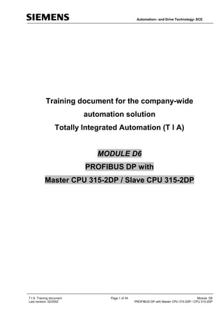 Automation– and Drive Technology- SCE




           Training document for the company-wide
                          automation solution
                  Totally Integrated Automation (T I A)


                              MODULE D6
                          PROFIBUS DP with
           Master CPU 315-2DP / Slave CPU 315-2DP




T I A Training document           Page 1 of 34                                           Module D6
Last revision: 02/2002                           PROFIBUS DP with Master CPU 315-2DP / CPU 315-2DP
 
