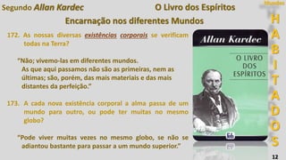 H
A
B
I
T
A
D
O
S
Mundos
12
O Livro dos Espíritos
Encarnação nos diferentes Mundos
172. As nossas diversas existências corporais se verificam
todas na Terra?
“Não; vivemo-las em diferentes mundos.
As que aqui passamos não são as primeiras, nem as
últimas; são, porém, das mais materiais e das mais
distantes da perfeição.”
173. A cada nova existência corporal a alma passa de um
mundo para outro, ou pode ter muitas no mesmo
globo?
“Pode viver muitas vezes no mesmo globo, se não se
adiantou bastante para passar a um mundo superior.”
Segundo Allan Kardec
 