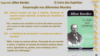 H
A
B
I
T
A
D
O
S
Mundos
18
O Livro dos Espíritos
Encarnação nos diferentes Mundos
186. Haverá mundos em que o Espírito, deixando de
revestir corpos materiais, só tenha por envoltório o
perispírito?
“Há, e mesmo esse envoltório se torna tão etéreo que para
vós é como se não existisse. Esse é o estado dos Espíritos
puros.”
187. A substância do perispírito é a mesma em todos os
mundos?
“Não; é mais ou menos etérea. Passando de um mundo
a outro, o Espírito se reveste da matéria própria desse
outro, operando-se, porém, essa mudança com a
rapidez do relâmpago.”
Segundo Allan Kardec
 