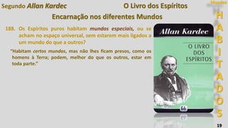 H
A
B
I
T
A
D
O
S
Mundos
19
O Livro dos Espíritos
Encarnação nos diferentes Mundos
188. Os Espíritos puros habitam mundos especiais, ou se
acham no espaço universal, sem estarem mais ligados a
um mundo do que a outros?
“Habitam certos mundos, mas não lhes ficam presos, como os
homens à Terra; podem, melhor do que os outros, estar em
toda parte.”
Segundo Allan Kardec
 