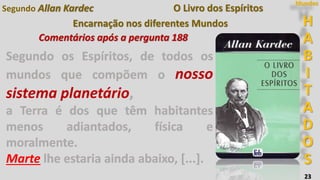 H
A
B
I
T
A
D
O
S
Mundos
23
O Livro dos Espíritos
Encarnação nos diferentes Mundos
Segundo os Espíritos, de todos os
mundos que compõem o nosso
sistema planetário,
a Terra é dos que têm habitantes
menos adiantados, física e
moralmente.
Marte lhe estaria ainda abaixo, [...].
Segundo Allan Kardec
Comentários após a pergunta 188
Segundo os Espíritos, de todos os
mundos que compõem o nosso
sistema planetário,
a Terra é dos que têm habitantes
menos adiantados, física e
moralmente.
Marte lhe estaria ainda abaixo, [...].
 