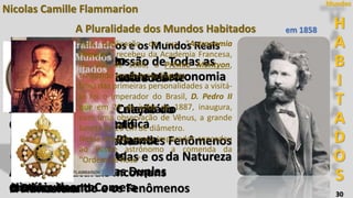 30
H
A
B
I
T
A
D
O
S
Mundos
Nicolas Camille Flammarion
Os Mundos Imaginários e os Mundos Reais
Os Mundos Celestes
Estudos e Palestras sobre a Astronomia
em 9 volumes
Deus na Natureza
Contemplações Científica
Viagens Aéreas
Narrações do Infinito
História do Céu
História de um Cometa
A Pluralidade dos Mundos Habitados
Lúmen
Narrações do Infinito
No Infinito
Vida de Copérnico
As Terras do Céu
Atlas Celeste
Mapas da Lua e do Planeta
Marte
Catálogo das Estrelas Duplas
em Movimento
Urânia
Centralização e Discussão de Todas as
Observações Feitas sobre Marte
O Fim do Mundo
As Imperfeições do Calendário
Os Fenômenos do Raio
A Atmosfera e os Grandes Fenômenos
da Natureza
As Forças Naturais Incomuns
O Desconhecido e os Fenômenos
Astronomia Sideral
Astronomia Popular
As Estrelas e as Curiosidades
do Céu
O Mundo Antes da Criação do
Homem
No Céu e Sobre a Terra
Os Cometas, as Estrelas e os
Planetas
A Atmosfera
em 1858
Pela publicação de sua "Astronomia
Popular", recebeu da Academia Francesa,
no ano de 1880, o Prêmio Montyon,
traduzido em diversas línguas.
Uma das primeiras personalidades a visitá-
lo foi o Imperador do Brasil, D. Pedro II
que em 29 de julho de 1887, inaugura,
com uma observação de Vênus, a grande
luneta de 25 cm de diâmetro.
Nessa ocasião nosso Imperador concedeu
ao ilustre astrônomo a comenda da
"Ordem da Rosa".
 
