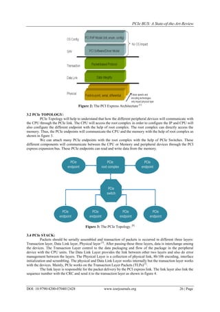PCIe BUS: A State-of-the-Art-Review
DOI: 10.9790/4200-0704012428 www.iosrjournals.org 26 | Page
Figure 2: The PCI Express Architecture [1]
3.2 PCIe TOPOLOGY:
PCIe Topology will help to understand that how the different peripheral devices will communicate with
the CPU through the PCIe link. The CPU will access the root complex in order to configure the IP and CPU will
also configure the different endpoint with the help of root complex. The root complex can directly access the
memory. Thus, the PCIe endpoints will communicate the CPU and the memory with the help of root complex as
shown in figure 3.
We can attach many PCIe endpoints with the root complex with the help of PCIe Switches. These
different components will communicate between the CPU or Memory and peripheral devices through the PCI
express expansion bus. These PCIe endpoints can read and write data from the memory.
Figure 3: The PCIe Topology. [8]
3.4 PCIe STACK:
Packets should be serially assembled and transaction of packets is occurred in different three layers:
Transaction layer, Data Link layer, Physical layer [3]
. After passing these three layers, data is interchange among
the devices. The Transaction Layer control to the data packaging and flow of the package in the peripheral
device with the CPU units. The Data Link Layer provides the link between other two layers and also do error
management between the layers. The Physical Layer is a collection of physical link, 8b/10b encoding, interface
initialization and scrambling. The physical and Data Link Layer works internally but the transaction layer works
with the devices. Mainly, PCIe works on the Transaction Layer Packets (TLPs)[1]
.
The link layer is responsible for the packet delivery by the PCI express link. The link layer also link the
sequence number with the CRC and send it to the transaction layer as shown in figure 4.
 