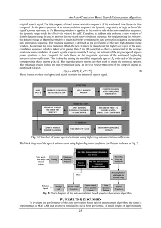 An Auto-Correlation Based Speech Enhancement Algorithm
25
original speech signal. For this purpose, a biased auto-correlation sequence of the windowed time frames is then
computed. As the power spectrum of an auto-correlation sequence has dynamic range twice as large as that of the
signal’s power spectrum, so if a Hamming window is applied to the positive side of the auto-correlation sequence,
the dynamic range would be effectively reduced by half. Therefore, to address this problem, a new window of
double dynamic range is used to process the one-sided auto-correlation sequence. For implementing this window,
the dynamic range of Hamming window is made double by computing its auto-correlation sequence and resulting
auto-correlation sequence. The resulting sequence is defined as the coefficients of the new high dynamic range
window. To increase the noise reduction effect, the new window is placed over the higher-lag region of the auto-
correlation sequence, which is taken to be greater than 2 ms (16 samples), as there is natural null in the average
short-time auto-correlation of speech signals at approximately 2 ms lag. An estimate of the original speech signals
power spectrum is then computed for each frame as the magnitude spectrum of the windowed higher-lag
autocorrelation coefficients. This is done by pairing the modified magnitude spectra 𝑋 𝑘 with each of the original
corresponding phase spectra 𝜑(𝑦, 𝑘). The degraded phase spectra are then used to create the enhanced spectra.
The enhanced speech frames are then synthesized using an inverse Fourier transform of the complex spectra as
mentioned in Eqn 8.
𝑥 𝑛 = 𝐼𝐷𝐹𝑇 𝑋 𝑘 𝑒 𝑗 𝜑(𝑦,𝑘) (8)
These frames are then overlapped and added to obtain the enhanced speech signal.
Fig. 1: Flowchart of power spectral estimate using higher-lag auto-correlation coefficients.
The block diagram of the speech enhancement using higher-lag auto-correlation coefficients is shown in Fig. 2.
Fig. 2: Block diagram of the auto-correlation based speech enhancement algorithm.
IV. RESULTS & DISCUSSION
To evaluate the performance of the auto-correlation based speech enhancement algorithm, the same is
implemented in MATLAB and extensive simulations have been performed. A small length of approximately
 