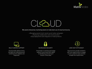 CL UDWe assist enterprises marketing teams to make best use of cloud services by
• Managing several multi-tiered social media campaigns
• Improving collaboration and communication
• Easy deployment and integration of SaaS products
MULTI-DEVICE SUPPORT INCREASED SECURITY LOW-COST EFFICIENCY
Cloud provides ability to bring
disruption by making business
marketing more adaptive and
responsive.
Cloud helps in reaching and engage
audience. particularly with regard
to distributing and storing of
mission-critical data.
Cloud services provide marketers
with more opportunities to engage
current customers base and also
broaden the market share.
 