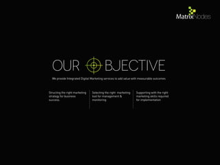 We provide Integrated Digital Marketing services to add value with measurable outcomes
Selecting the right marketing
tool for management &
monitoring
Structing the right marketing
strategy for business
success.
Supporting with the right
marketing skills required
for implementation
bjectiveOUR
 