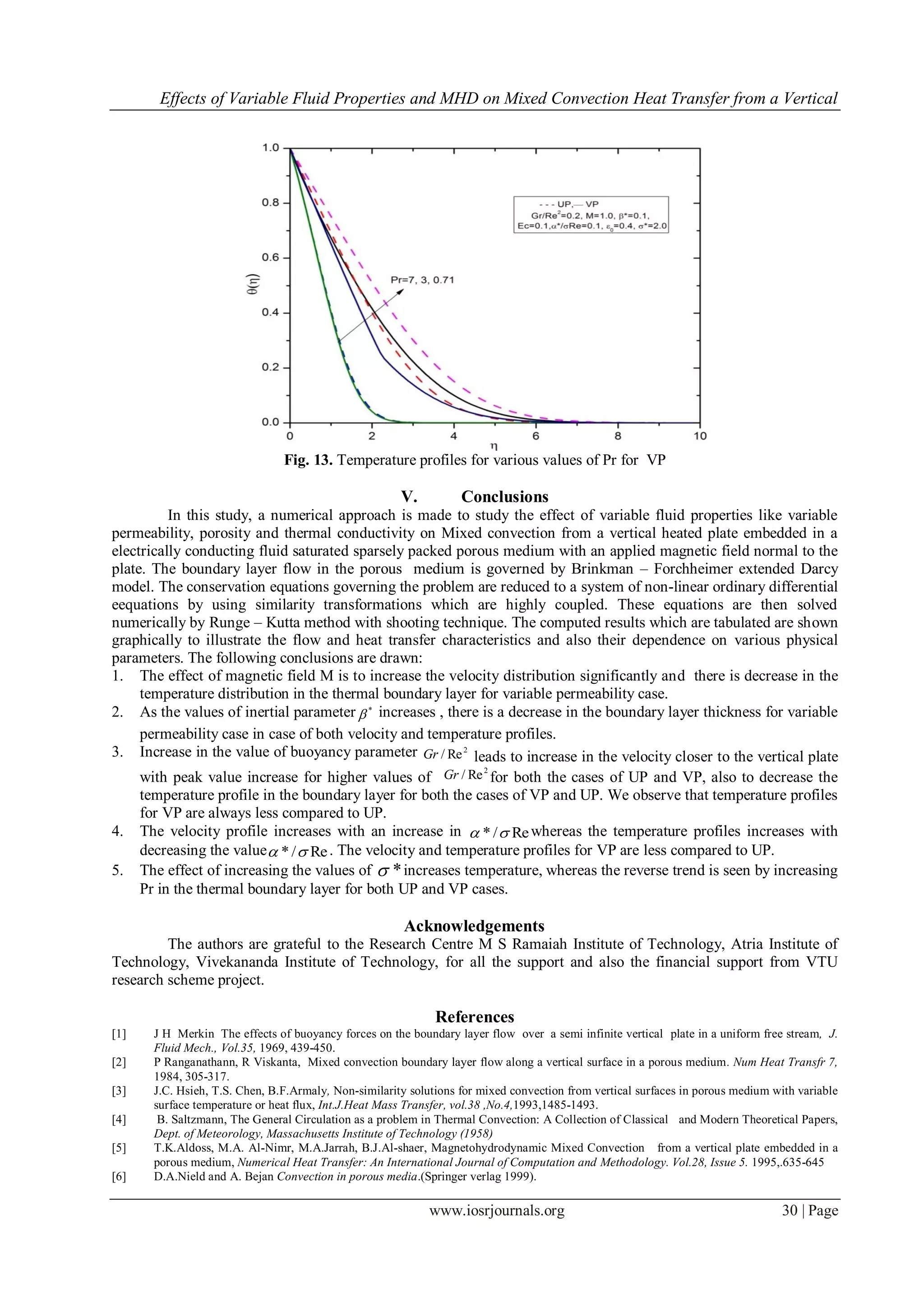 Effects of Variable Fluid Properties and MHD on Mixed Convection Heat Transfer from a Vertical
www.iosrjournals.org 30 | Page
Fig. 13. Temperature profiles for various values of Pr for VP
V. Conclusions
In this study, a numerical approach is made to study the effect of variable fluid properties like variable
permeability, porosity and thermal conductivity on Mixed convection from a vertical heated plate embedded in a
electrically conducting fluid saturated sparsely packed porous medium with an applied magnetic field normal to the
plate. The boundary layer flow in the porous medium is governed by Brinkman – Forchheimer extended Darcy
model. The conservation equations governing the problem are reduced to a system of non-linear ordinary differential
eequations by using similarity transformations which are highly coupled. These equations are then solved
numerically by Runge – Kutta method with shooting technique. The computed results which are tabulated are shown
graphically to illustrate the flow and heat transfer characteristics and also their dependence on various physical
parameters. The following conclusions are drawn:
1. The effect of magnetic field M is to increase the velocity distribution significantly and there is decrease in the
temperature distribution in the thermal boundary layer for variable permeability case.
2. As the values of inertial parameter *
 increases , there is a decrease in the boundary layer thickness for variable
permeability case in case of both velocity and temperature profiles.
3. Increase in the value of buoyancy parameter 2
Re/Gr leads to increase in the velocity closer to the vertical plate
with peak value increase for higher values of
2
Re/Gr for both the cases of UP and VP, also to decrease the
temperature profile in the boundary layer for both the cases of VP and UP. We observe that temperature profiles
for VP are always less compared to UP.
4. The velocity profile increases with an increase in Re/*  whereas the temperature profiles increases with
decreasing the value Re/*  . The velocity and temperature profiles for VP are less compared to UP.
5. The effect of increasing the values of * increases temperature, whereas the reverse trend is seen by increasing
Pr in the thermal boundary layer for both UP and VP cases.
Acknowledgements
The authors are grateful to the Research Centre M S Ramaiah Institute of Technology, Atria Institute of
Technology, Vivekananda Institute of Technology, for all the support and also the financial support from VTU
research scheme project.
References
[1] J H Merkin The effects of buoyancy forces on the boundary layer flow over a semi infinite vertical plate in a uniform free stream, J.
Fluid Mech., Vol.35, 1969, 439-450.
[2] P Ranganathann, R Viskanta, Mixed convection boundary layer flow along a vertical surface in a porous medium. Num Heat Transfr 7,
1984, 305-317.
[3] J.C. Hsieh, T.S. Chen, B.F.Armaly, Non-similarity solutions for mixed convection from vertical surfaces in porous medium with variable
surface temperature or heat flux, Int.J.Heat Mass Transfer, vol.38 ,No.4,1993,1485-1493.
[4] B. Saltzmann, The General Circulation as a problem in Thermal Convection: A Collection of Classical and Modern Theoretical Papers,
Dept. of Meteorology, Massachusetts Institute of Technology (1958)
[5] T.K.Aldoss, M.A. Al-Nimr, M.A.Jarrah, B.J.Al-shaer, Magnetohydrodynamic Mixed Convection from a vertical plate embedded in a
porous medium, Numerical Heat Transfer: An International Journal of Computation and Methodology. Vol.28, Issue 5. 1995,.635-645
[6] D.A.Nield and A. Bejan Convection in porous media.(Springer verlag 1999).
 