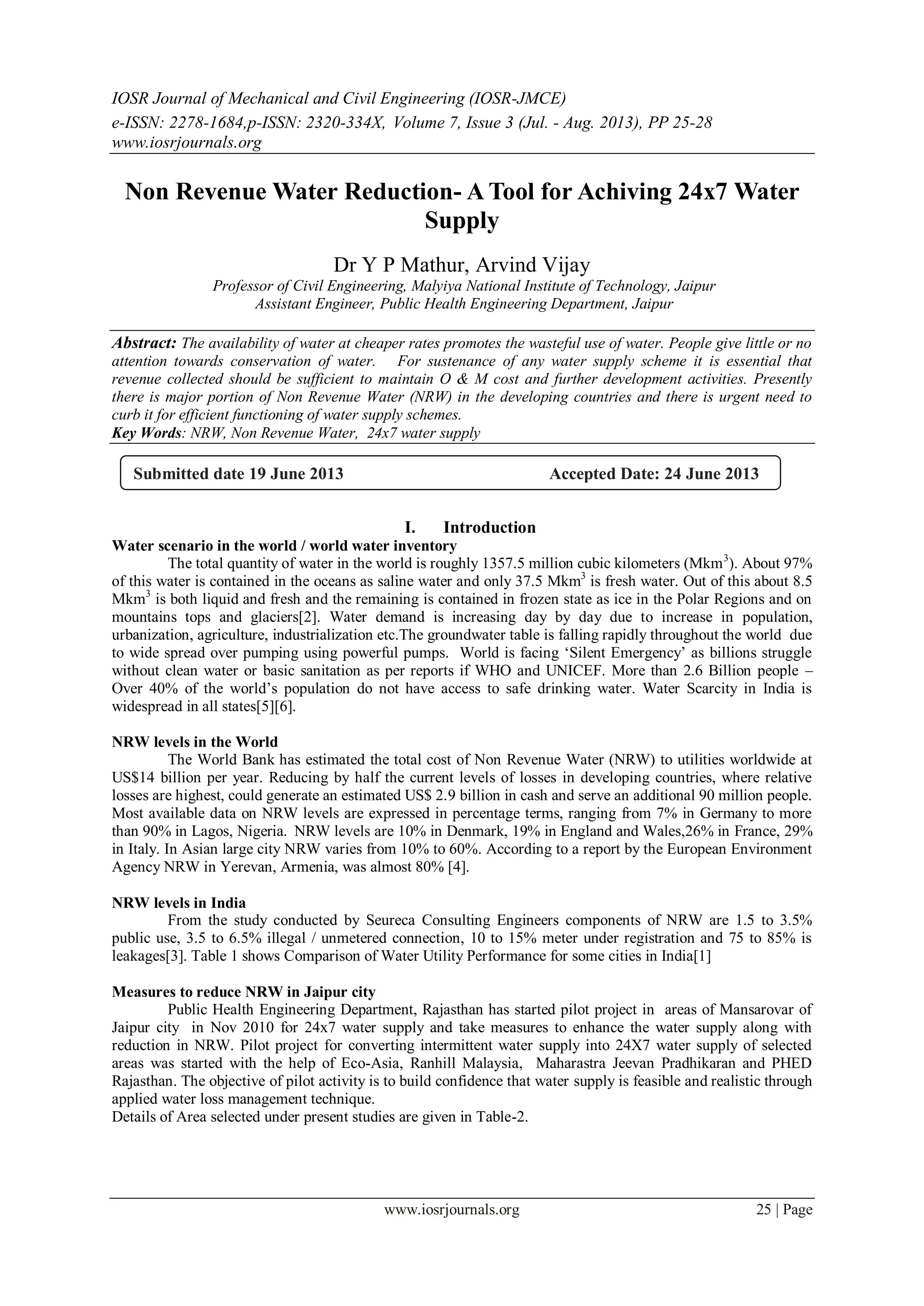 Non Revenue Water Reduction- A Tool for Achiving 24x7 Water Supply | PDF