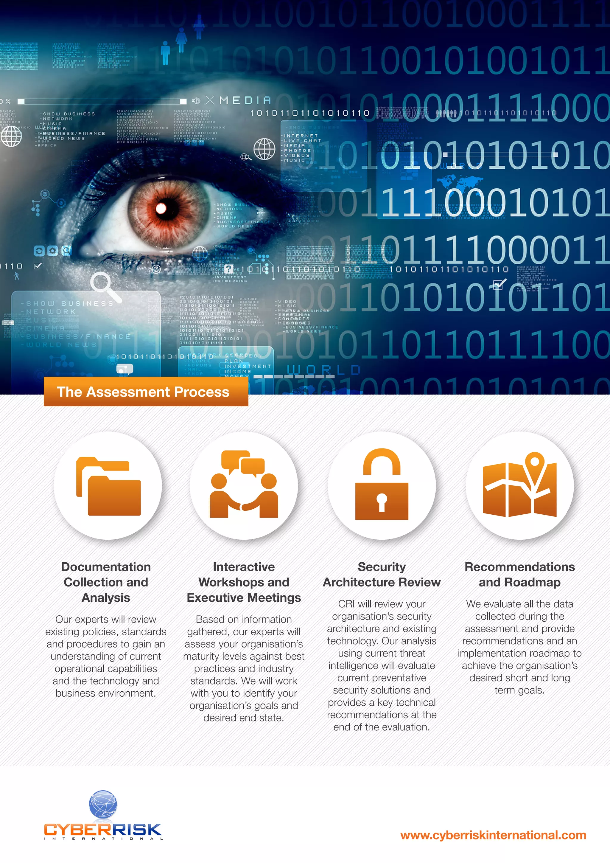 The Assessment Process
Documentation
Collection and
Analysis
Our experts will review
existing policies, standards
and procedures to gain an
understanding of current
operational capabilities
and the technology and
business environment.
Interactive
Workshops and
Executive Meetings
Based on information
gathered, our experts will
assess your organisation’s
maturity levels against best
practices and industry
standards. We will work
with you to identify your
organisation’s goals and
desired end state.
Security
Architecture Review
CRI will review your
organisation’s security
architecture and existing
technology. Our analysis
using current threat
intelligence will evaluate
current preventative
security solutions and
provides a key technical
recommendations at the
end of the evaluation.
Recommendations
and Roadmap
We evaluate all the data
collected during the
assessment and provide
recommendations and an
implementation roadmap to
achieve the organisation’s
desired short and long
term goals.
www.cyberriskinternational.com
 