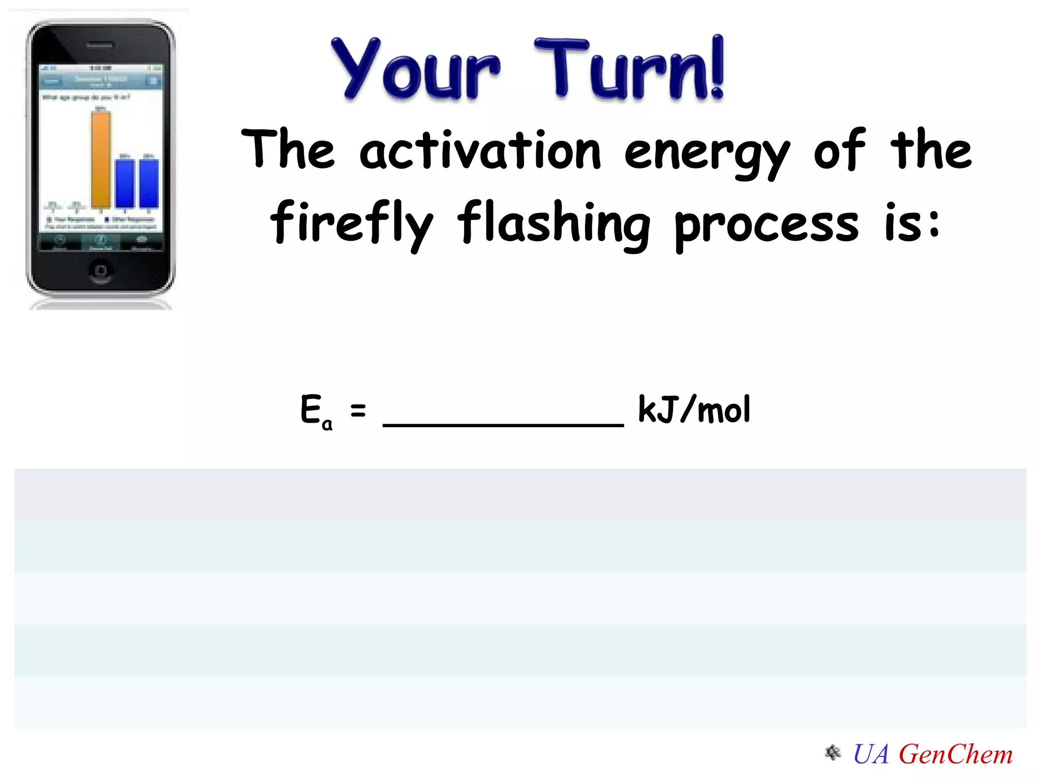 The activation energy of the firefly flashing process is: E a  = ___________ kJ/mol 