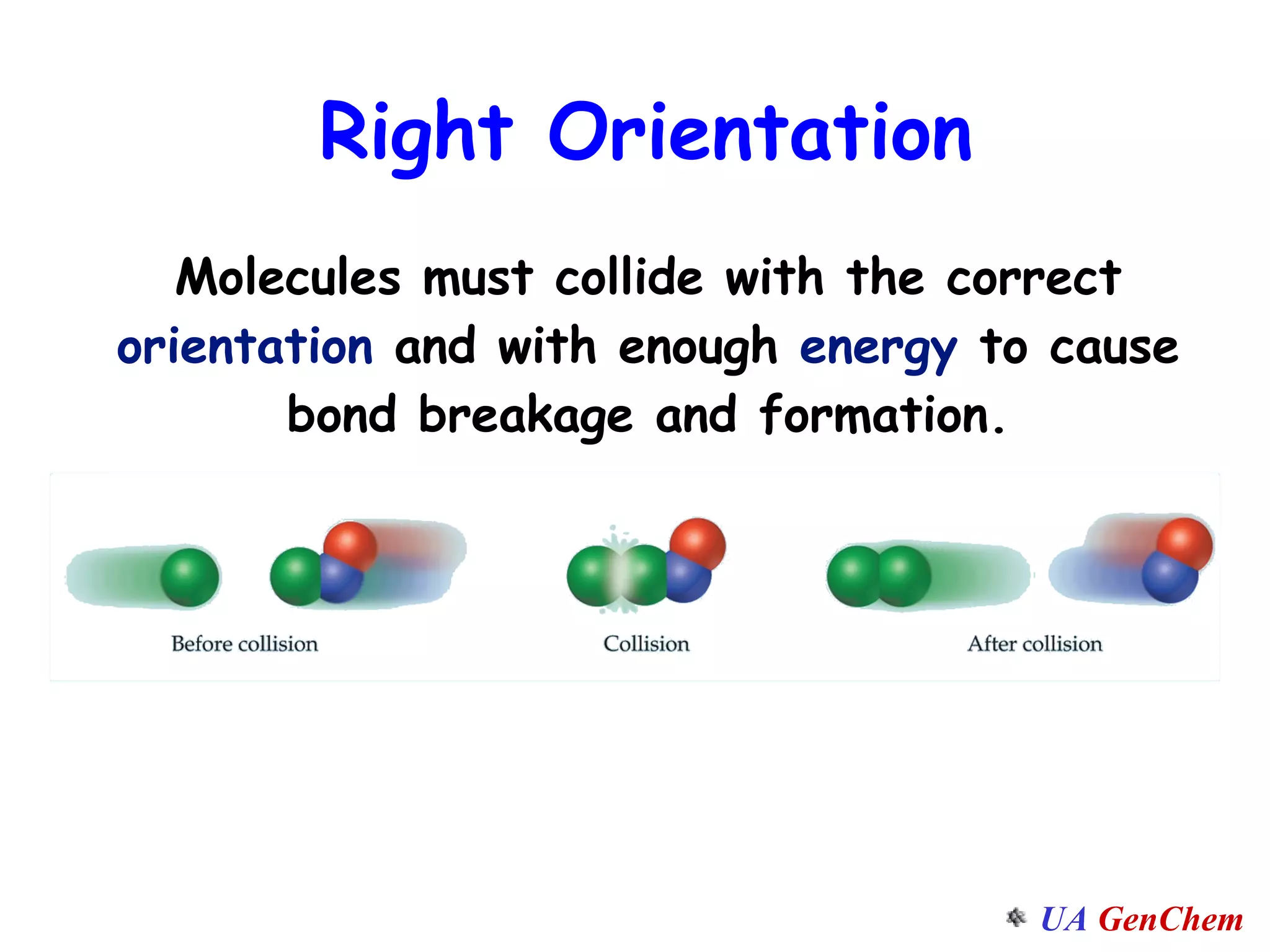 Molecules must collide with the correct  orientation  and with enough  energy  to cause bond breakage and formation. Right Orientation 