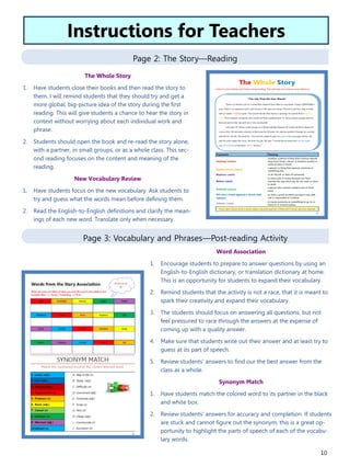 10
Page 2: The Story—Reading
Page 3: Vocabulary and Phrases—Post-reading Activity
Word Association
1. Encourage students to prepare to answer questions by using an
English-to-English dictionary, or translation dictionary at home.
This is an opportunity for students to expand their vocabulary.
2. Remind students that the activity is not a race, that it is meant to
spark their creativity and expand their vocabulary.
3. The students should focus on answering all questions, but not
feel pressured to race through the answers at the expense of
coming up with a quality answer.
4. Make sure that students write out their answer and at least try to
guess at its part of speech.
5. Review students’ answers to find our the best answer from the
class as a whole.
Synonym Match
1. Have students match the colored word to its partner in the black
and white box.
2. Review students’ answers for accuracy and completion. If students
are stuck and cannot figure out the synonym, this is a great op-
portunity to highlight the parts of speech of each of the vocabu-
lary words.
Instructions for Teachers
The Whole Story
1. Have students close their books and then read the story to
them. I will remind students that they should try and get a
more global, big-picture idea of the story during the first
reading. This will give students a chance to hear the story in
context without worrying about each individual work and
phrase.
2. Students should open the book and re-read the story alone,
with a partner, in small groups, or as a whole class. This sec-
ond reading focuses on the content and meaning of the
reading.
New Vocabulary Review
1. Have students focus on the new vocabulary. Ask students to
try and guess what the words mean before defining them.
2. Read the English-to-English definitions and clarify the mean-
ings of each new word. Translate only when necessary.
 