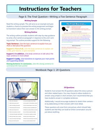 12
Page 6: The Final Question—Writing a Five-Sentence Paragraph
Workbook Page 1: 20 Questions
20 Questions
Students must answer the 20 questions about the story’s picture
and other related topics. You may choose to allow students to
answer using simple or short answers, but I recommend that you
have students answer in complete sentences.
Additionally, I would encourage students to stretch their sentenc-
es by elaborating on their answers with more detail.
These questions all come from one picture, which should help
students see that they can build an entire conversation around
just about anything.
Instructions for Teachers
Writing Sample
Read the writing sample. This will serve as an example and give
students a chance to preview the writing assignment and begin
to brainstorm about their own answer to the writing prompt.
Writing Outline
The writing outline provides students with step-by-step guidance
to write a five-sentence paragraph in response to the unit’s writ-
ing prompt. The outline provides support for the following:
Topic Sentence: (Use the topic sentence to explain how you
think or feel about the question)
Support 1: First of all, (Use the body sentences to explain, de-
scribe, give reasons, or give examples)
Support 2: In addition, (Use body sentences to talk about the
topic sentence in more detail)
Support 3: Lastly, (Use transitions to organize your main points
and supporting details)
Closing Sentence: In conclusion, (Use the closing sentence to
summarize the main points)
 